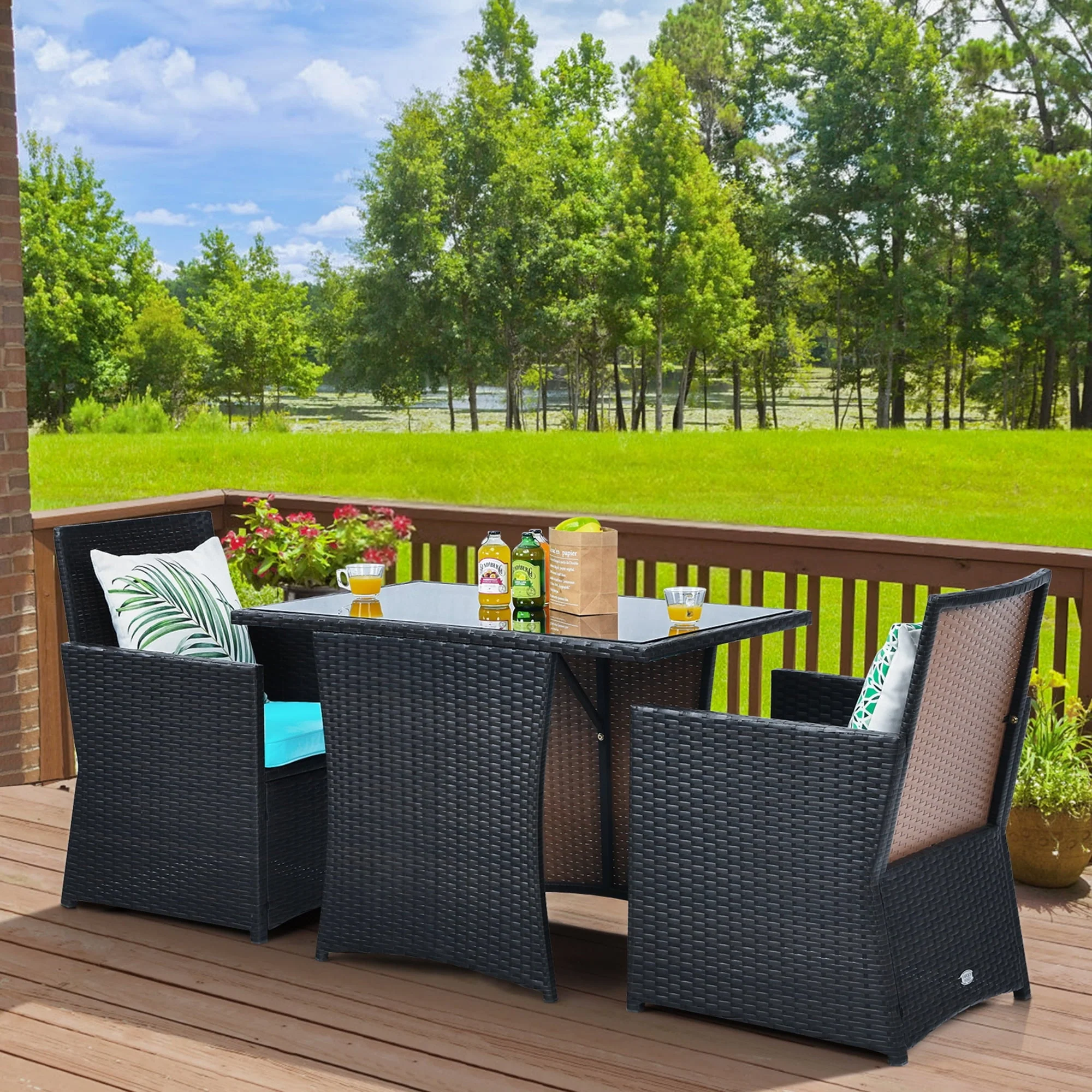 Gymax 3PCS Patio Wicker Bistro Set PE Rattan Dining Table Set W/ Turquoise Cushions