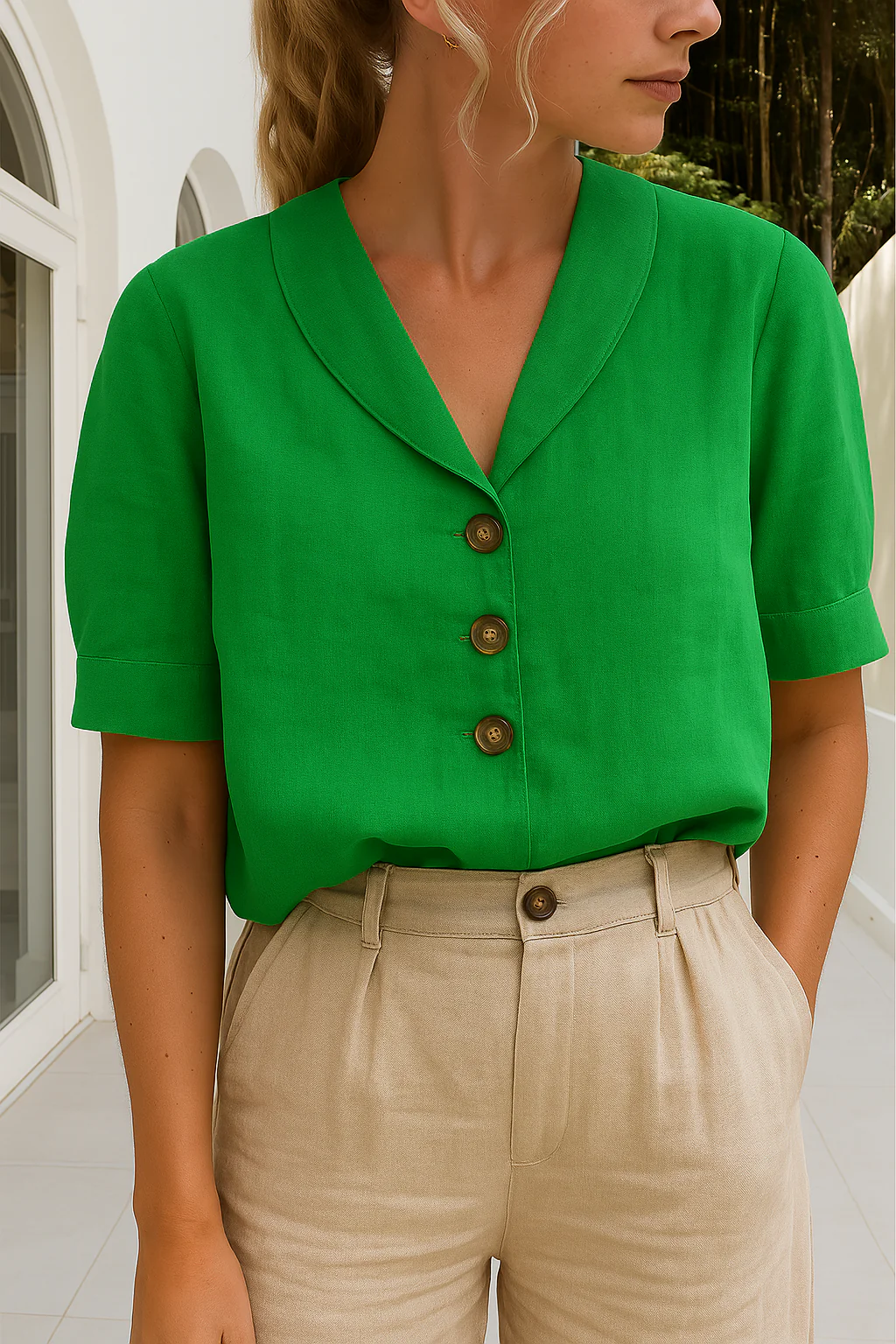 Blouse femme manches courtes avec col foulard et détails à boutons