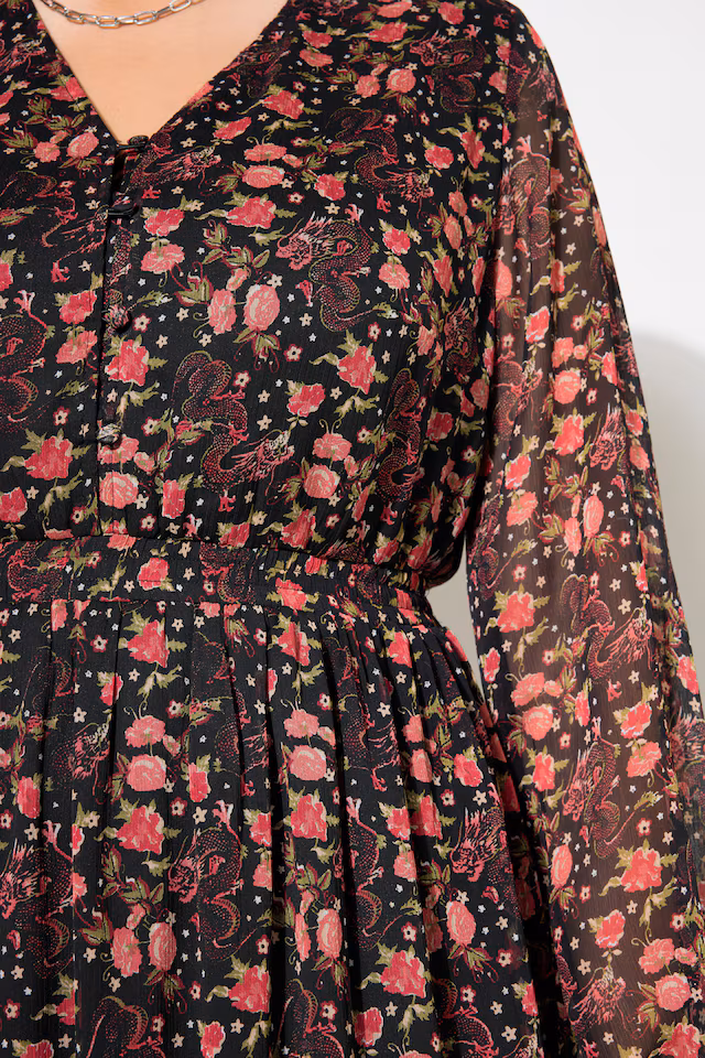 Dragon Print Layered Chiffon Maxi Dress