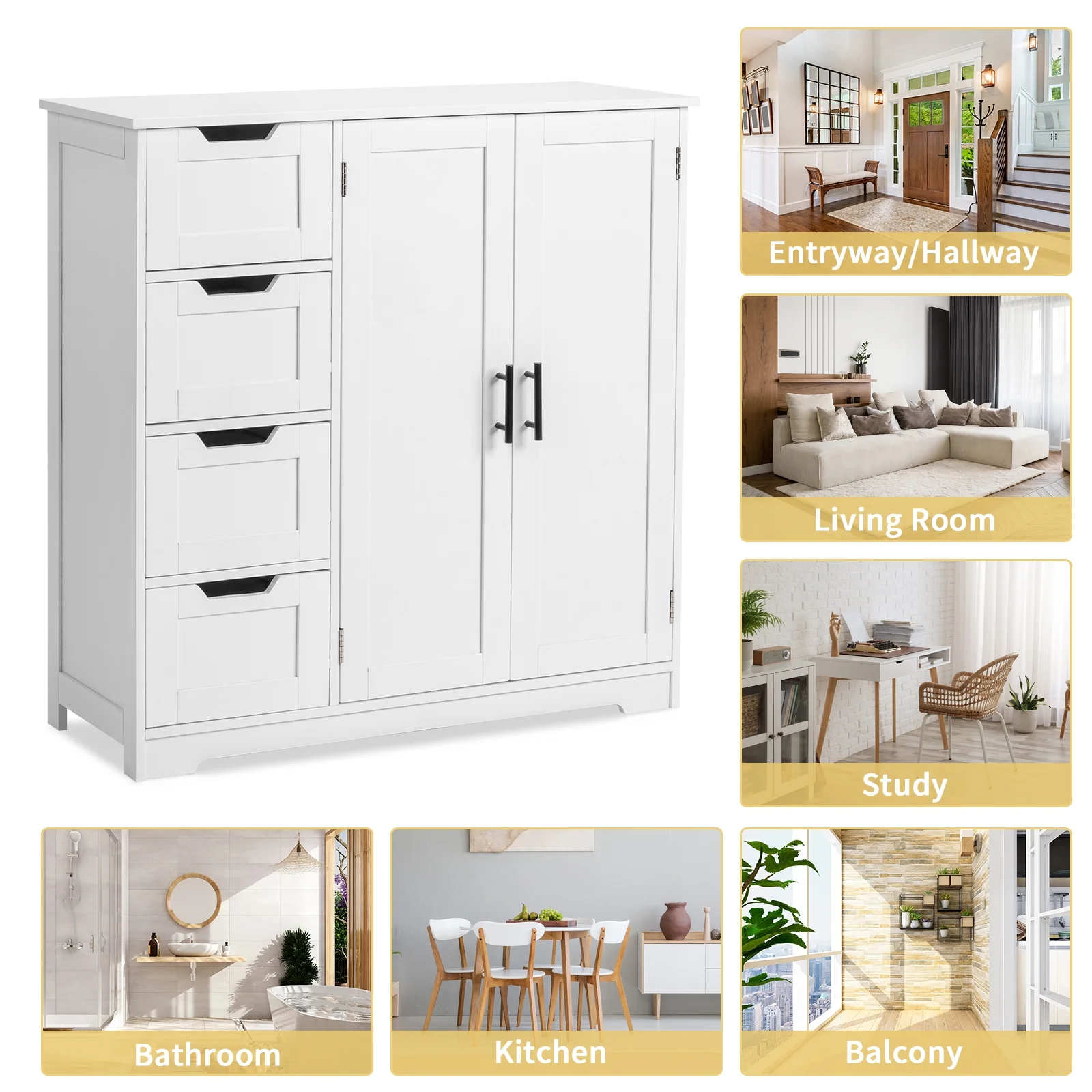 Wooden Bathroom Floor Cabinet with 4 Drawers 1 Cupboard for Living Room Entryway, White(White 4 Drawers) - Image 9