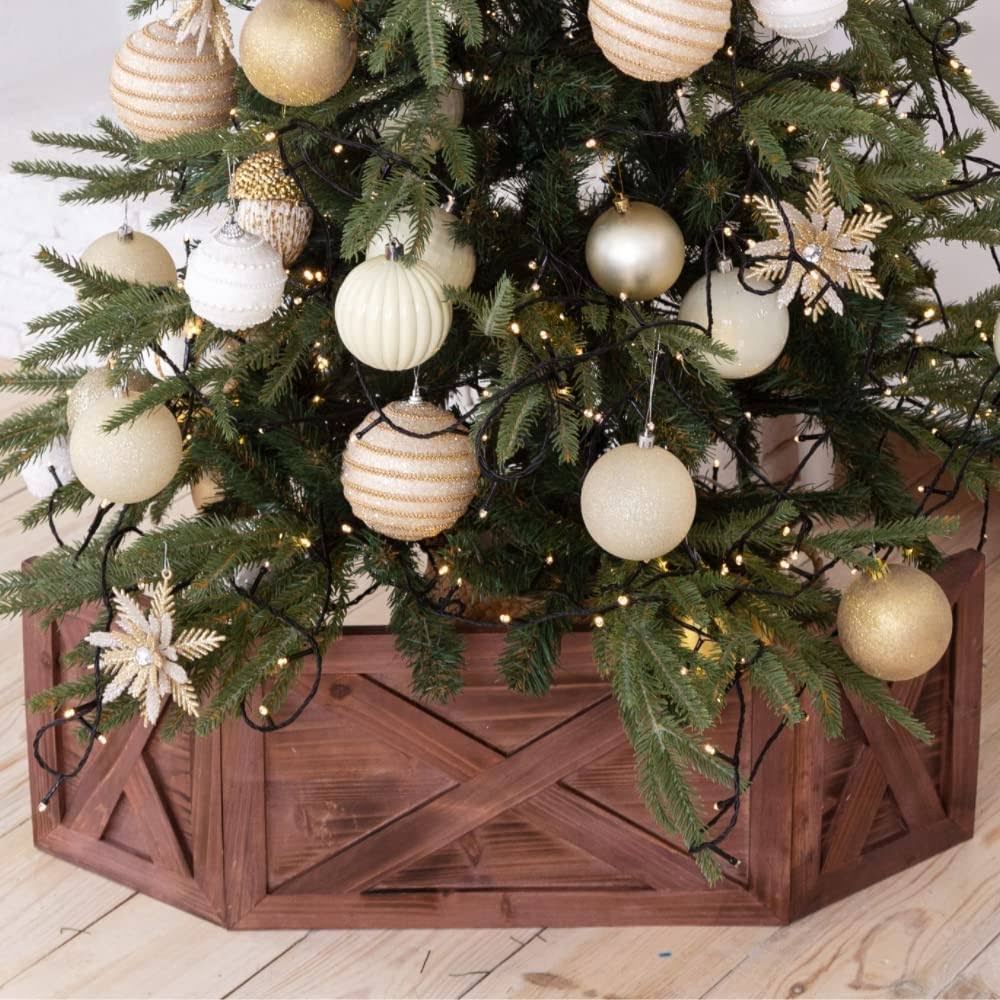 Wooden Tree Collar Box - Christmas Tree Farmhouse Rustic Decor. Vintage Weathered Wood, Brown Folding Small