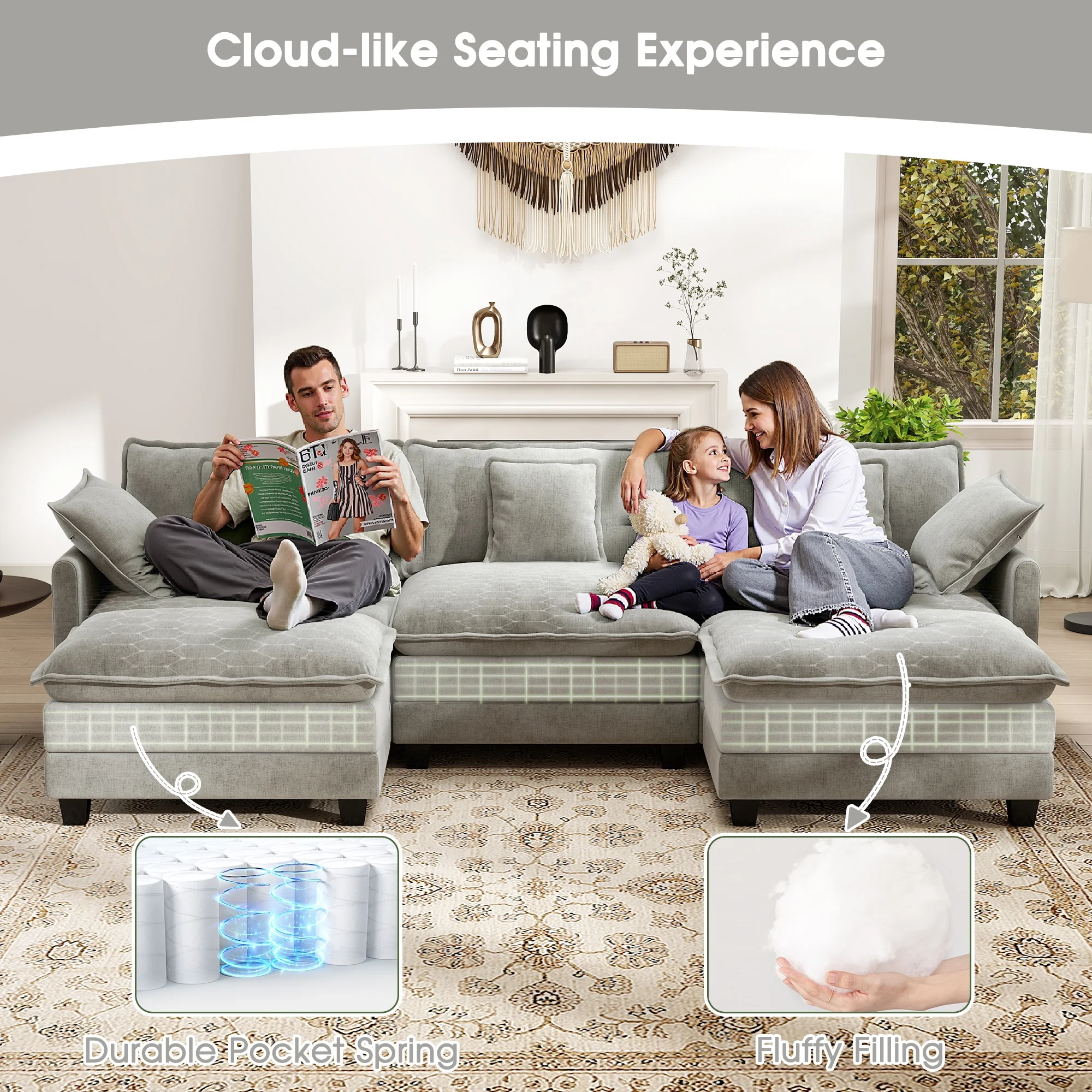 111.5'' Modular Sectional Sofa with Movable Ottomans, U Shaped Cloud Couch for Living Room, 3-Seat, Grey(4-seat2ottoman/green) - Image 7