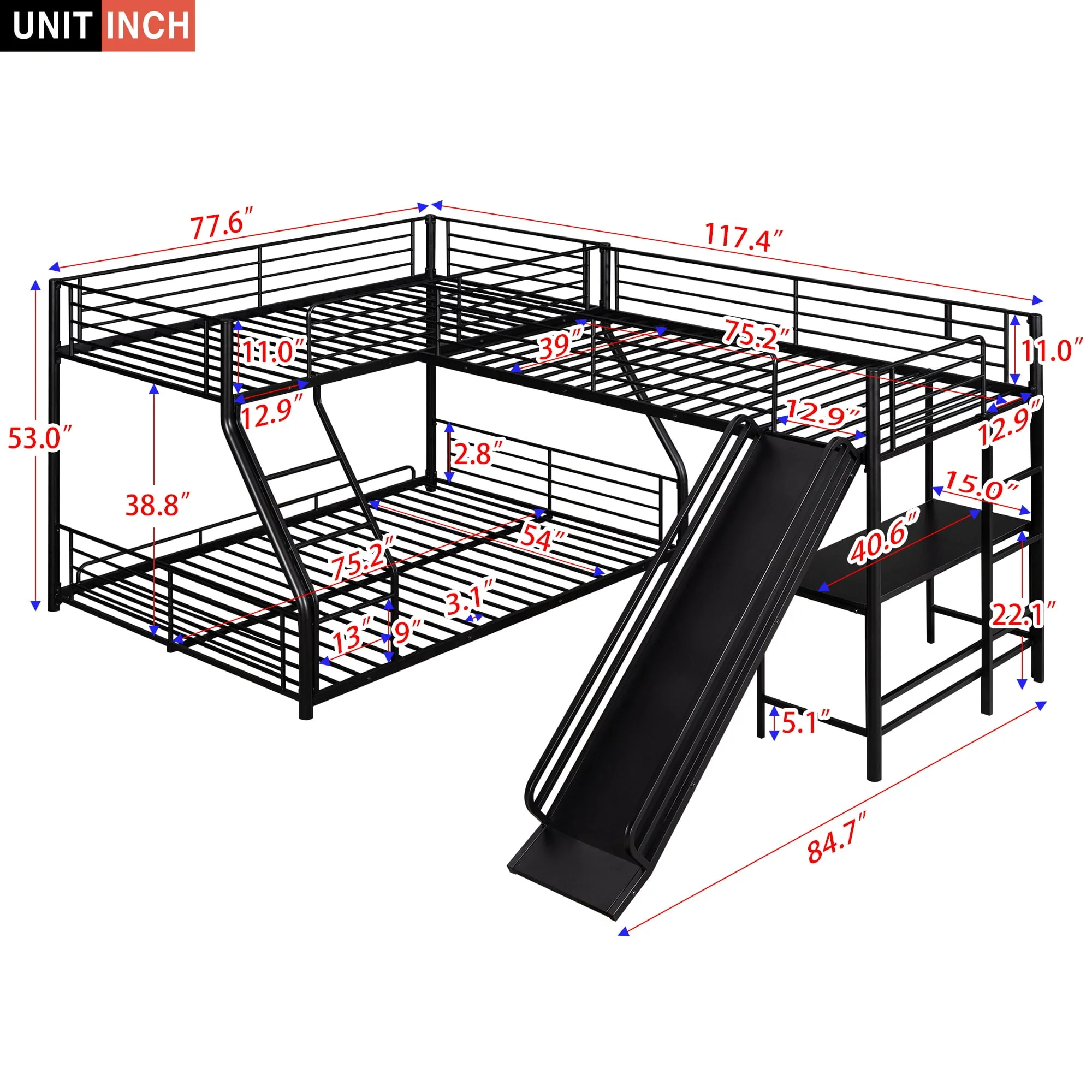Metal L-Shaped Twin over Full Bunk and Loft Bed with Desk for Kids, Black - Image 10