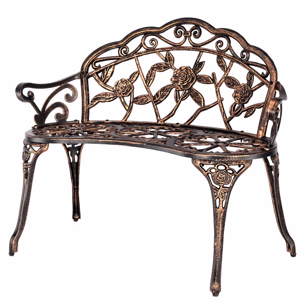 Courtyard Park Outdoor Patio Bench Leisure Rose Cast Aluminum Chair, Metal Loveseat Bench for Garden Patio, Porch, Deck, Bronze(Bronze)