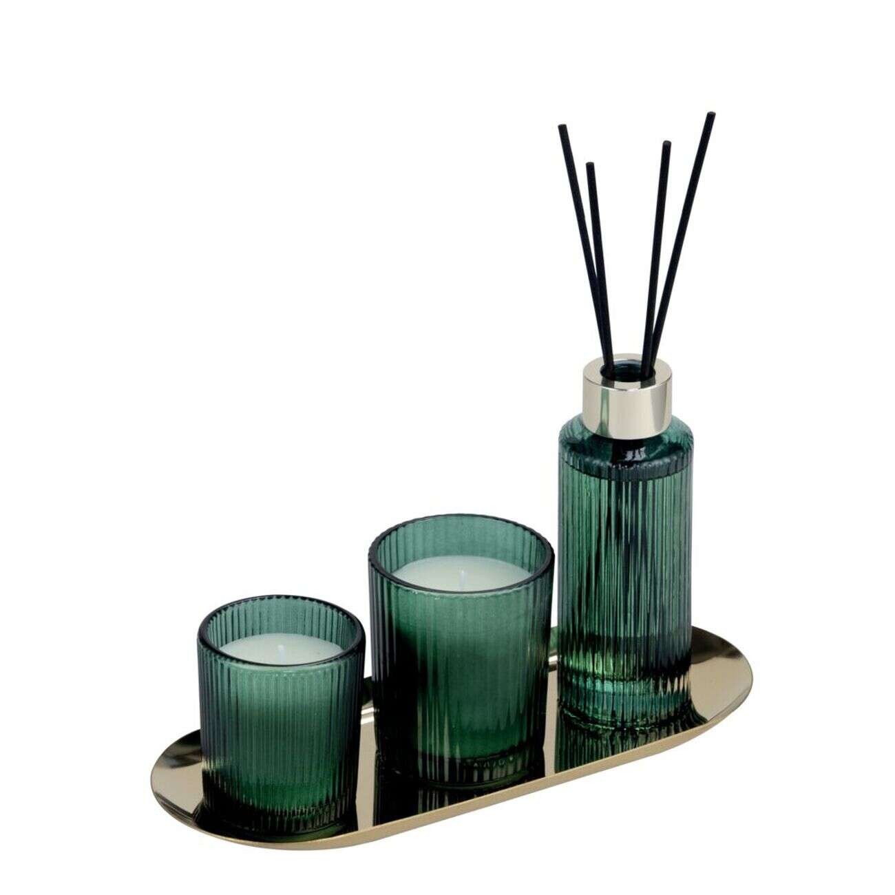 Coffret senteur bougie x2 avec diffuseur 100ml et plateau métal doré (3 modèles)