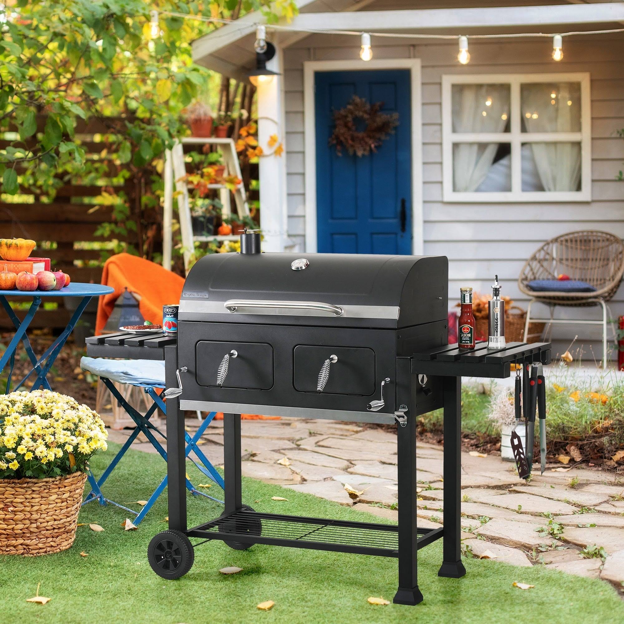 Captiva Designs Double Door Charcoal Patio Grill with 2 Liftable Enamel Charcoal Trays