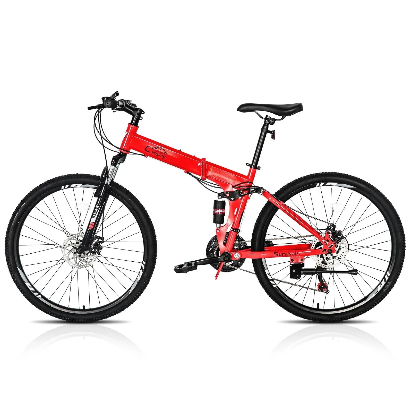 Campingsurvivals Folding Mountain Bike Shimano 21-Speed, with 26 inch Wheels, Red