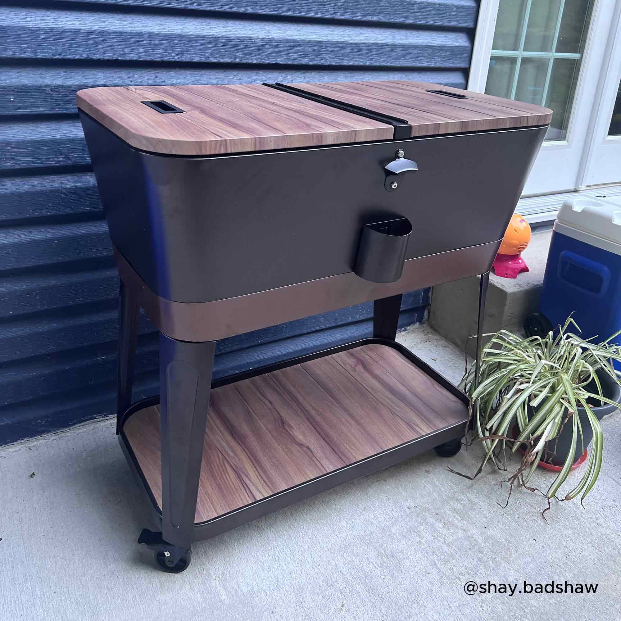 Sunjoy 80 Quart Wood Grain Finish Metal Rolling Ice Chest Cooler Cart with Storage Shelf, Steel Bottle Opener, and Lockable Wheels, Bronze(Bronze) Image 2