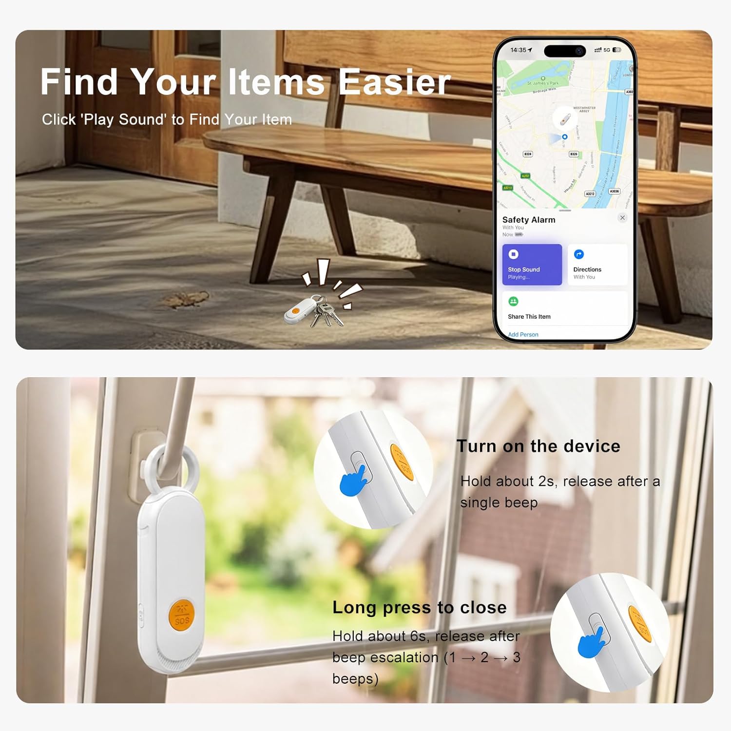 Personal Safety Alarm, GPS Tracker Keychain with Apple Find My & Google Find My Device, Real Time Location, 120dB Siren & SOS Strobe Light, for Women Kids Seniors, iOS & Android, White