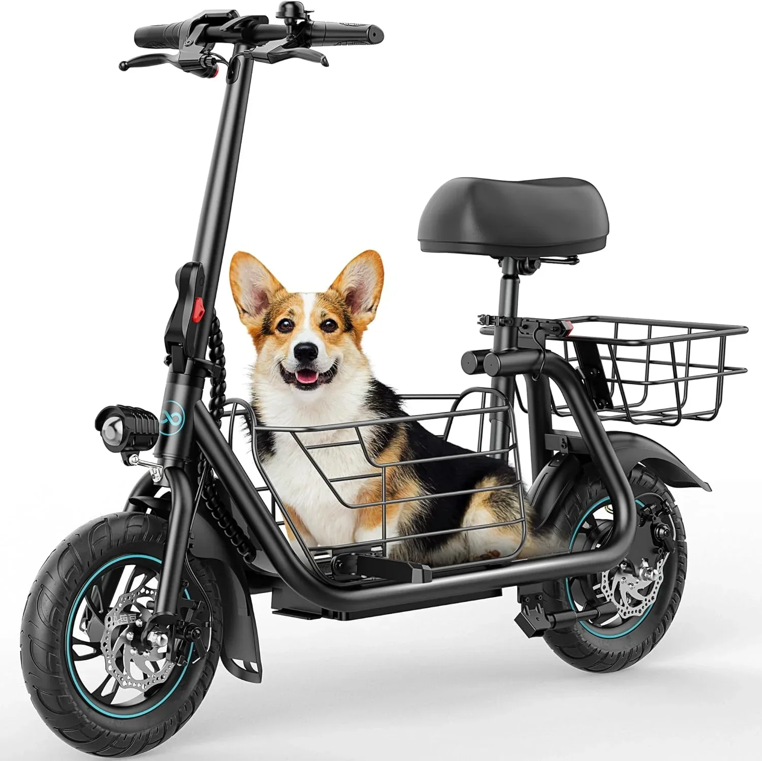 Trottinette électrique Gyroor pour adultes avec grand panier central, autonomie de 32 km, pliable et selle.