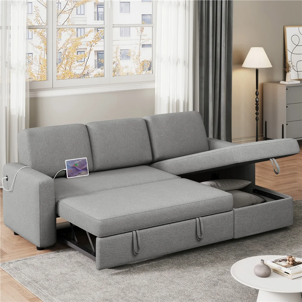 Reversible Sectional Sofa with USB Type-C Ports for Livingroom, Light Gray(Light Gray) - Image 8