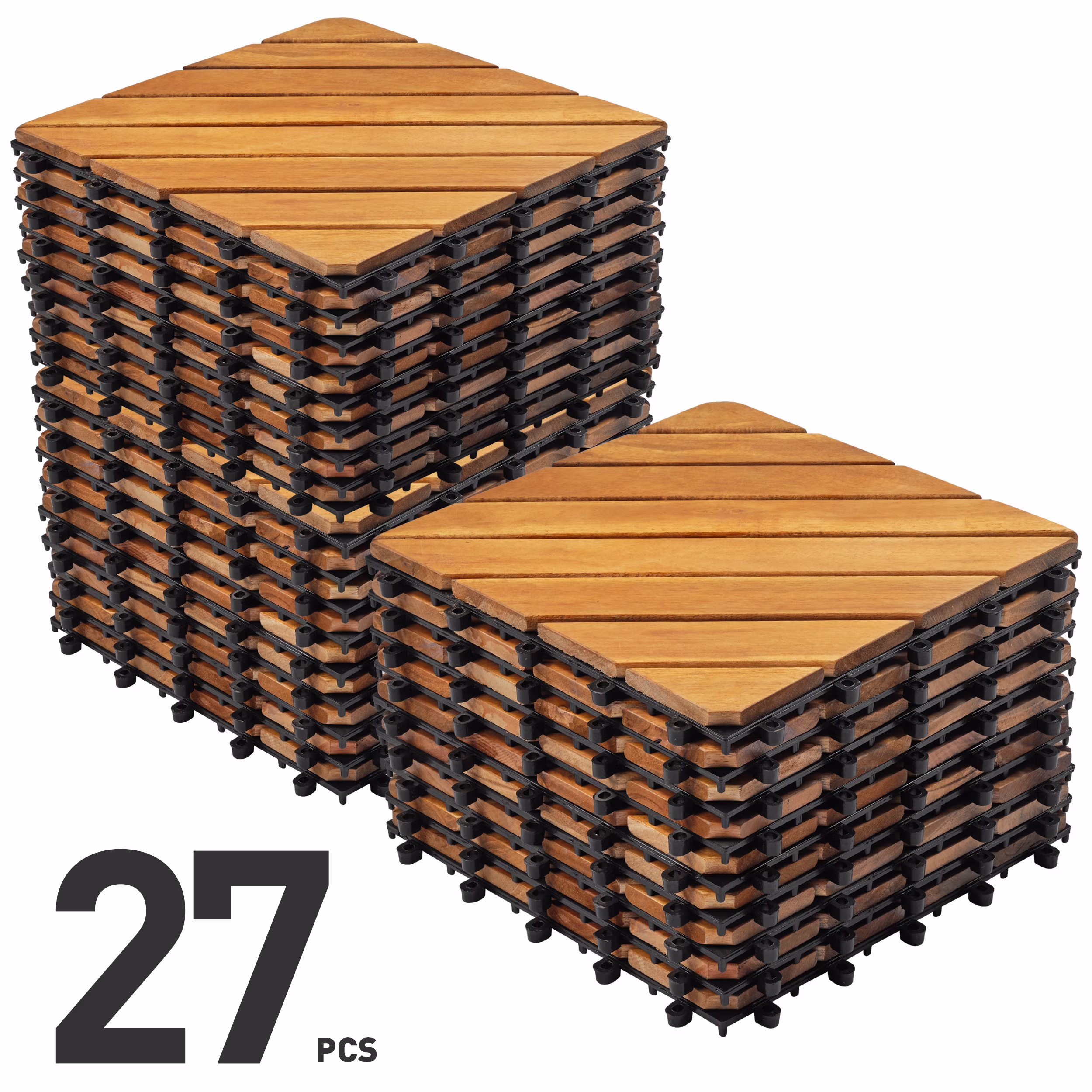 27PCS Interlocking Wood Flooring Deck Tiles for Patio Garden, 12"L x 12"W, Brown Diagonal(27)