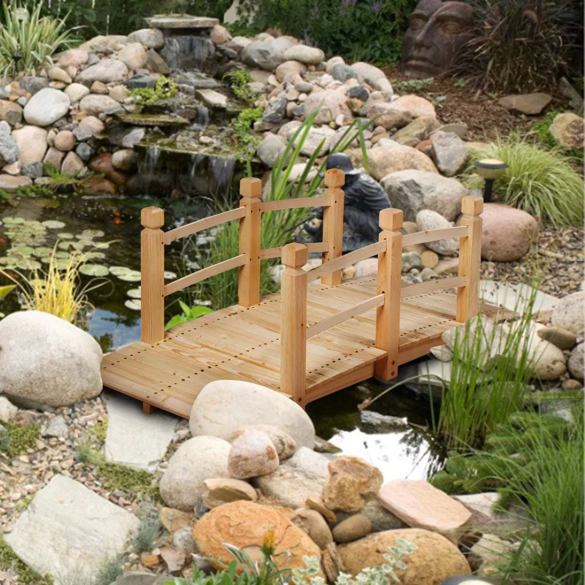 QRKD Garden Bridge, 5FT Wooden Arc Footbridge for Outdoors with Safety Guardrails, Decorative Landscaping for Garden Yard Walkway Creek Farm, 400 LBS Capacity (Natural Finished)