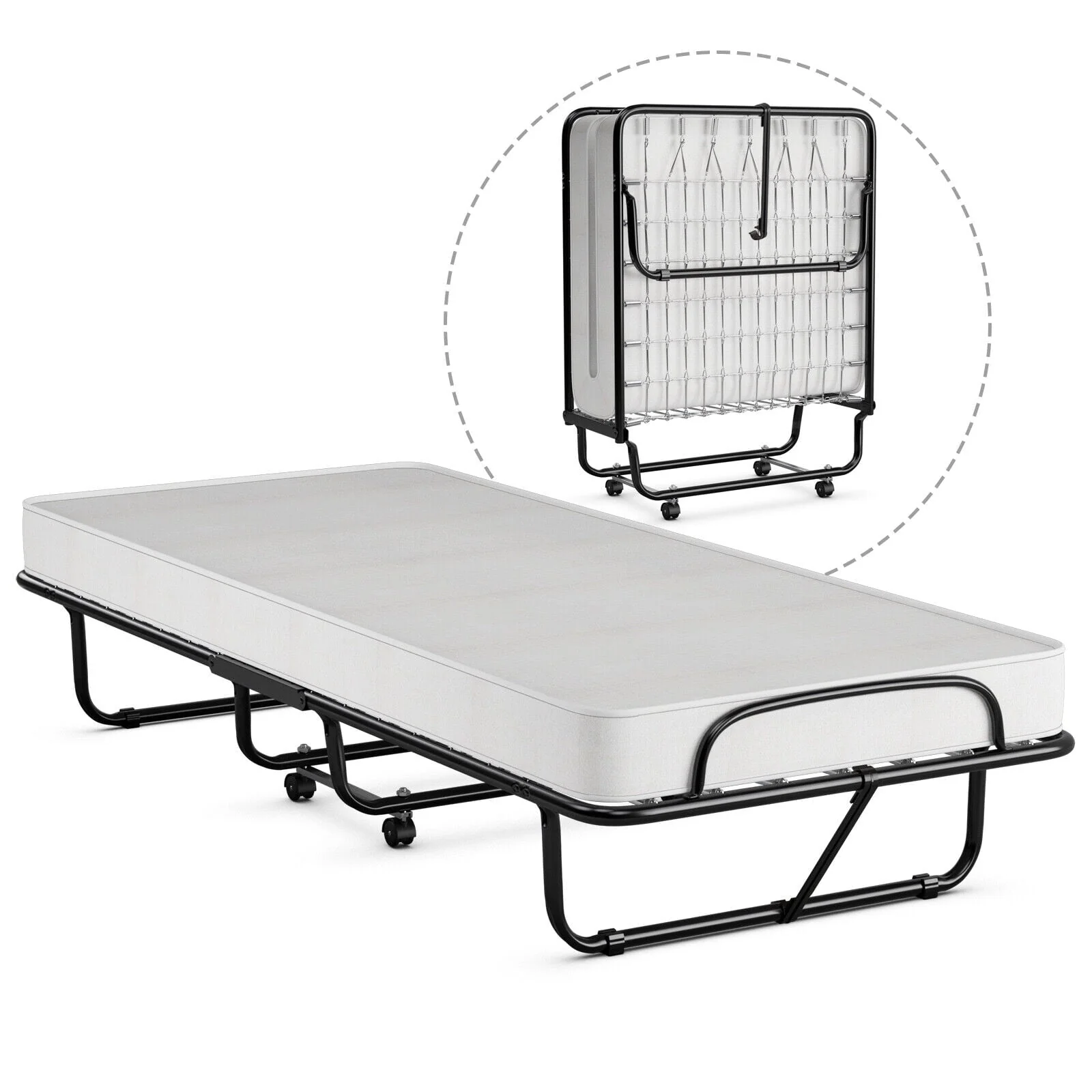 Rollaway Folding Metal Bed Memory Foam Mattress Cot Guest Made in Italy