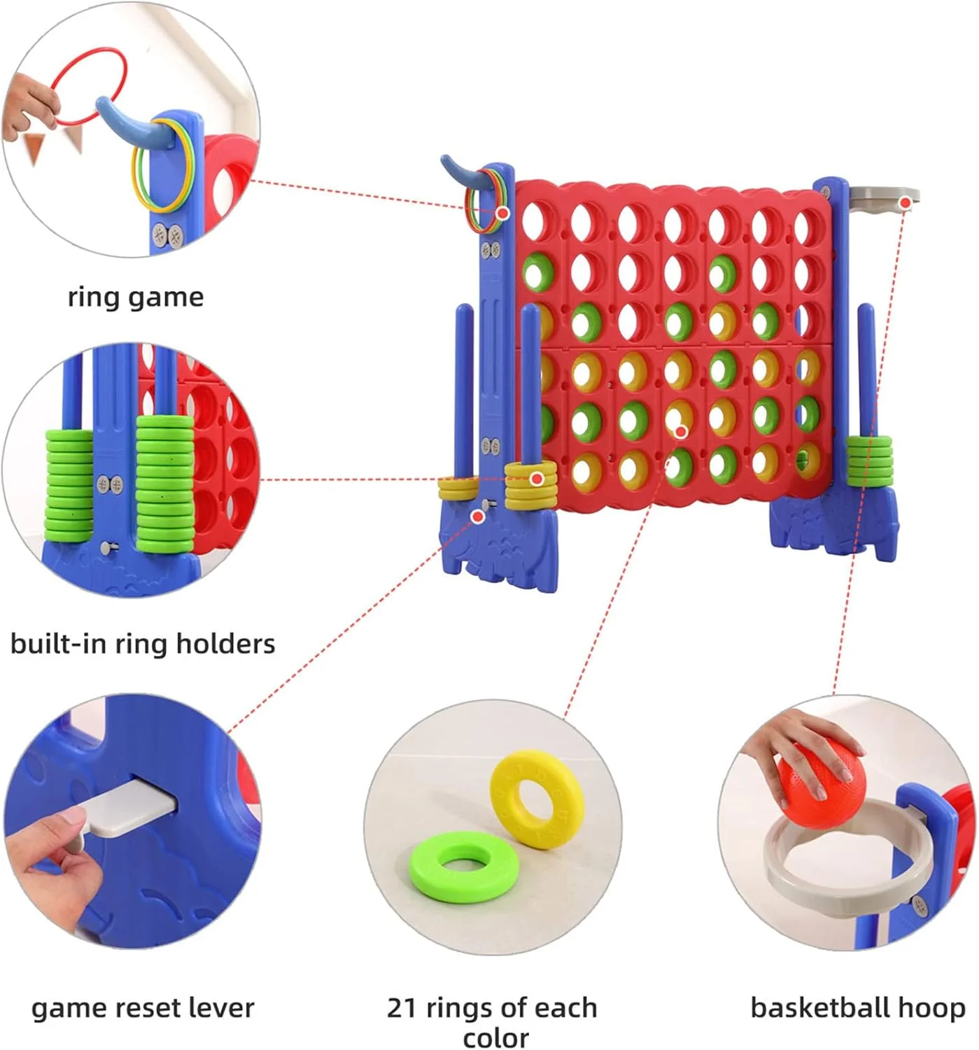 Giant 3-in-1 4-in-a-Row Game Set with Basketball Hoop, Ring Toss and Carry Bag