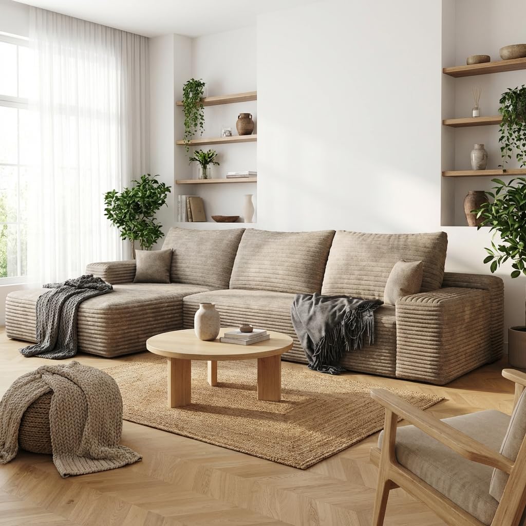 Canapé d'angle compressé surdimensionné de 343 cm (135 po) - Canapé nuage en mousse haute densité 33D avec assise profonde - Canapé lounge modulaire minimaliste 3 pièces sans structure, revêtu de velours côtelé | Matériau respirant, mousse intégrale,