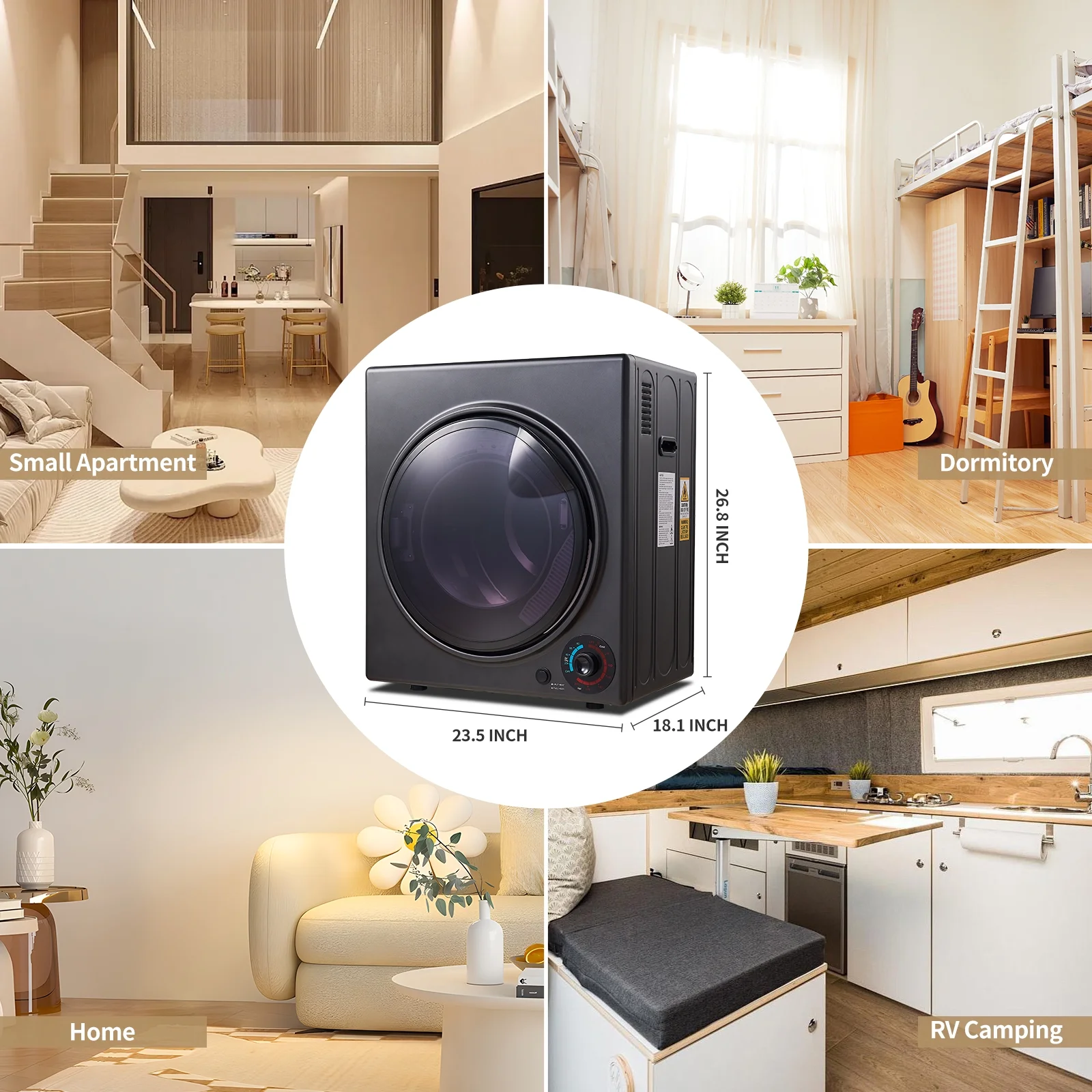 Portable Dryers for Laundry 1500W, 3.5 cu.ft Compact Dryer with Stainless Steel Tub, 4 Drying Mode, Apartments, RVs, Dorms - Image 3