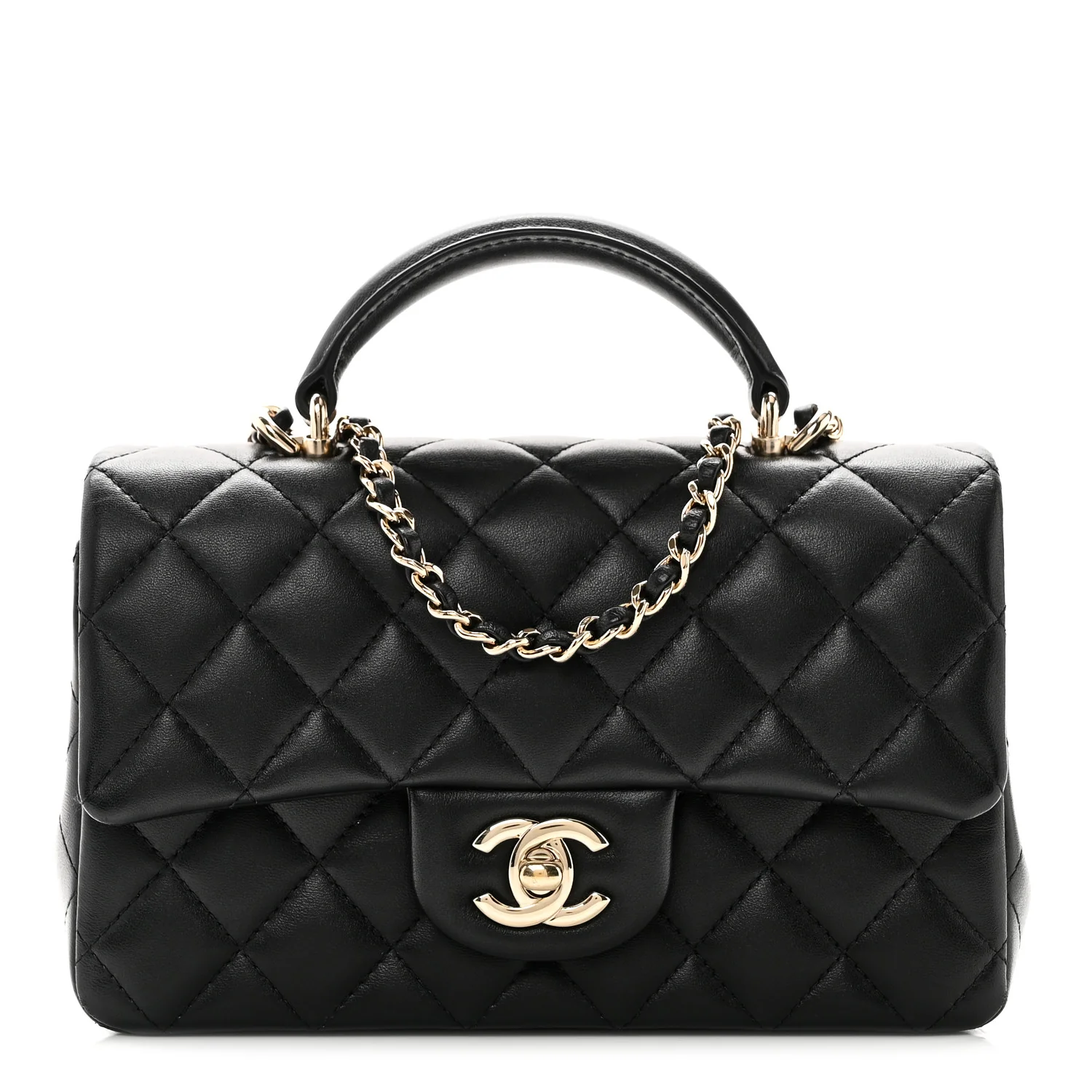 Lambskin Quilted Mini Top Handle Rectangular Flap Black