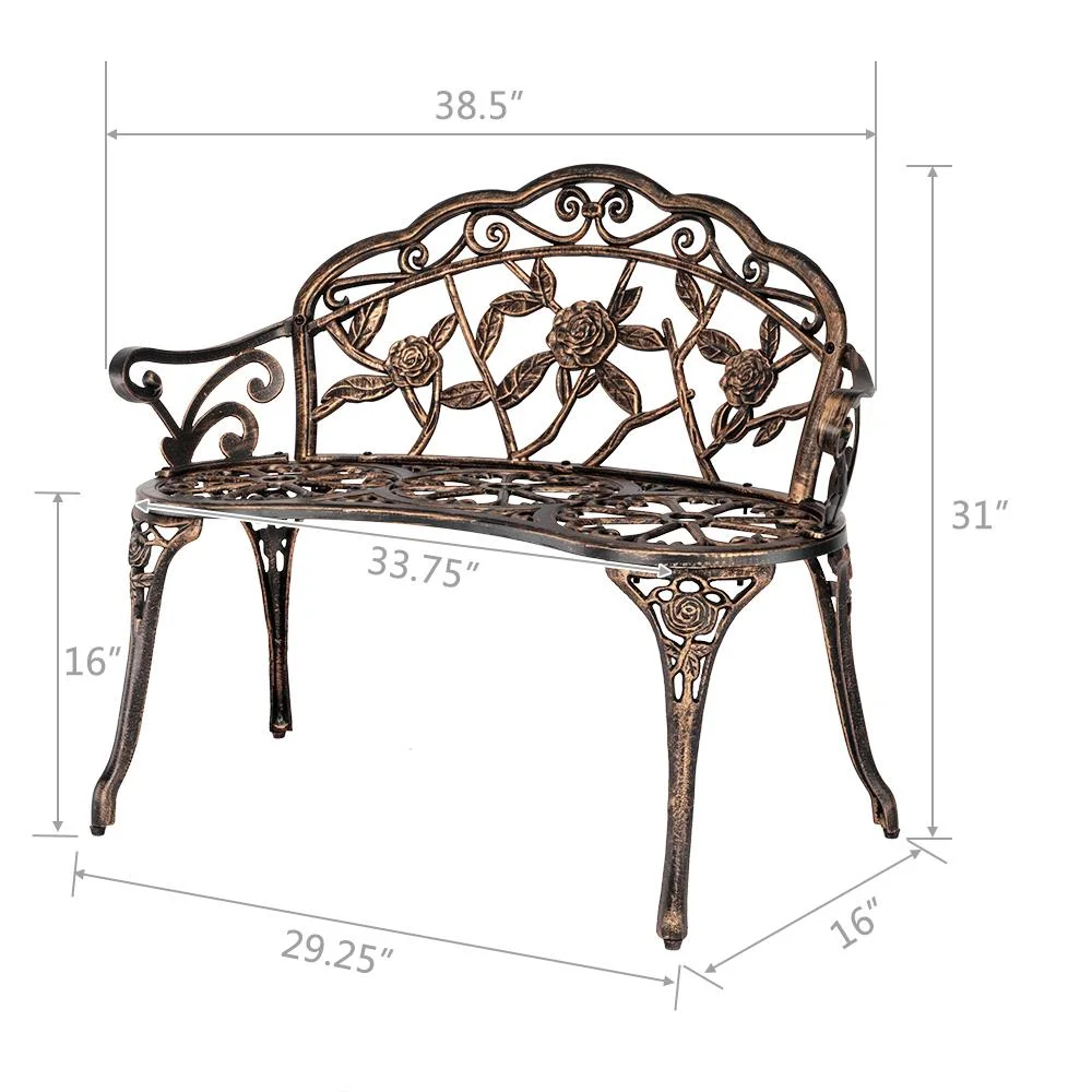Courtyard Park Outdoor Patio Bench Leisure Rose Cast Aluminum Chair, Metal Loveseat Bench for Garden Patio, Porch, Deck, Bronze(Bronze) - Image 5