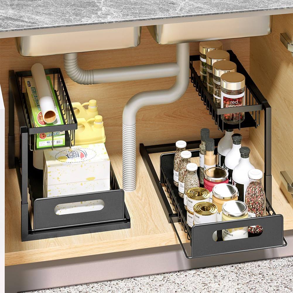 AIQII 2 Pack Under Sink Organizers and Storage, Metal Slide Out Kitchen Cabinet Organizer with Sliding Drawer Pull Out Sink Shelf Cabinet Storage Shelves