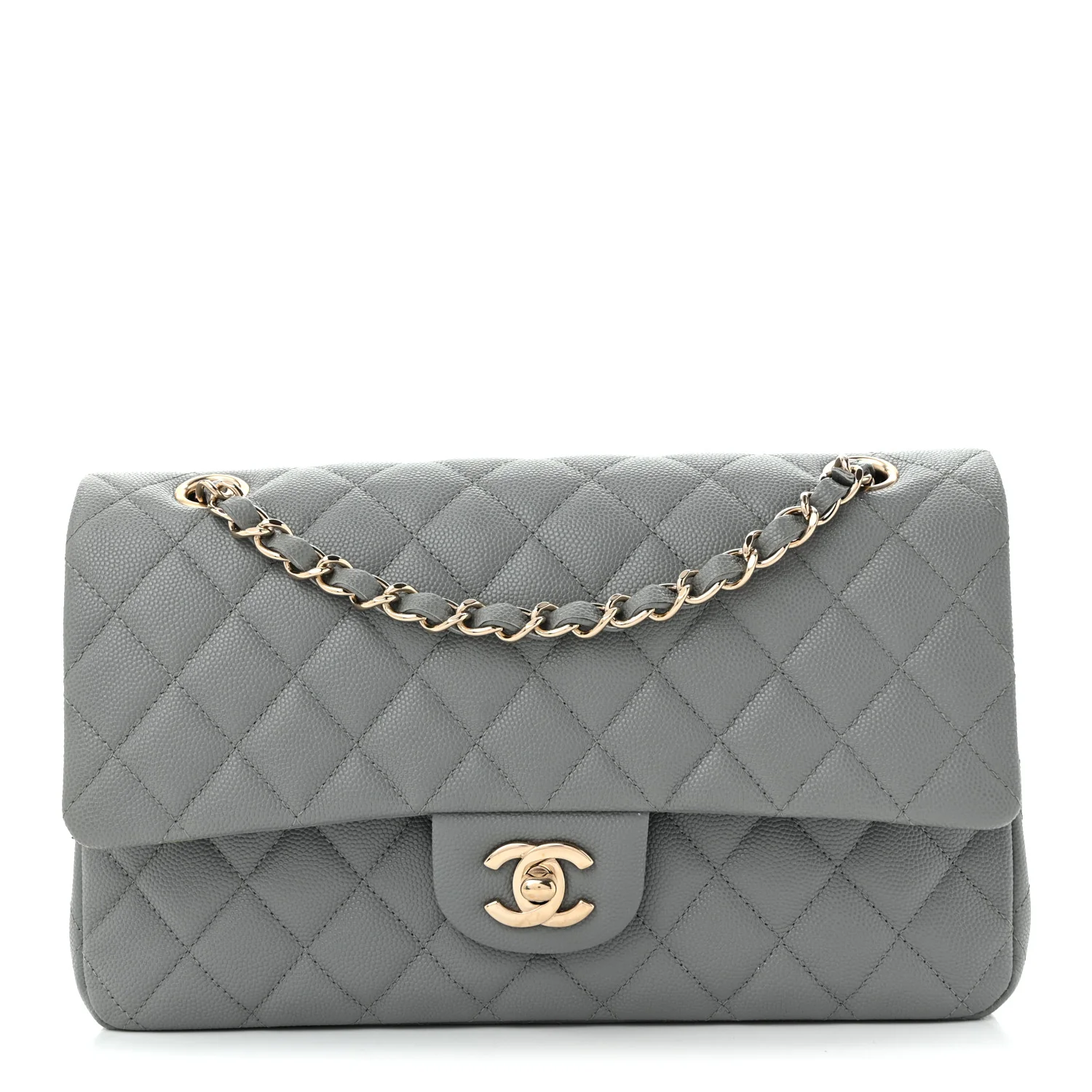 Caviar Quilted Medium Double Flap Grey