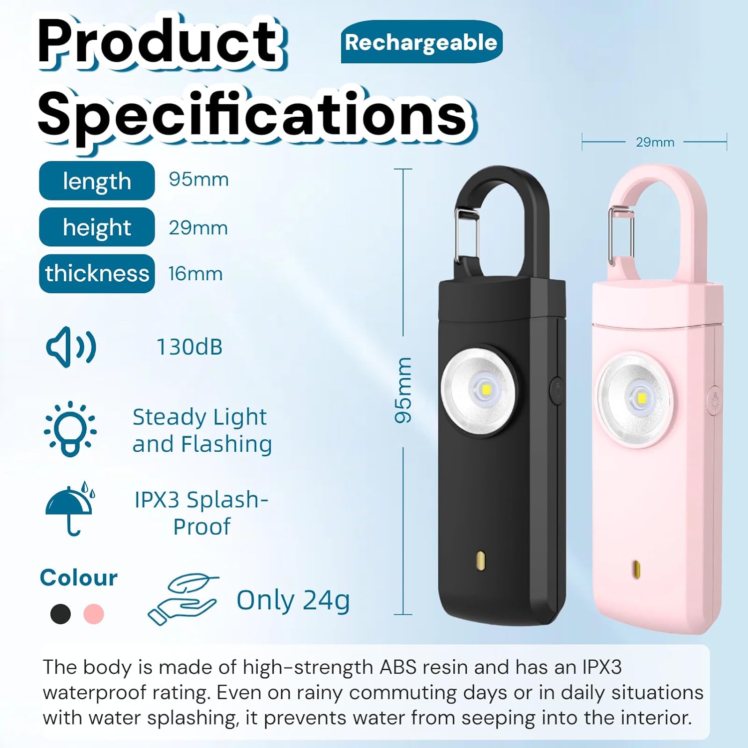 Personal Alarm for Women - 130 dB Rechargeable Alarm with Strobe Light, Low Battery Indicator, for Women, Kids and Elderly Self Defense (Black)
