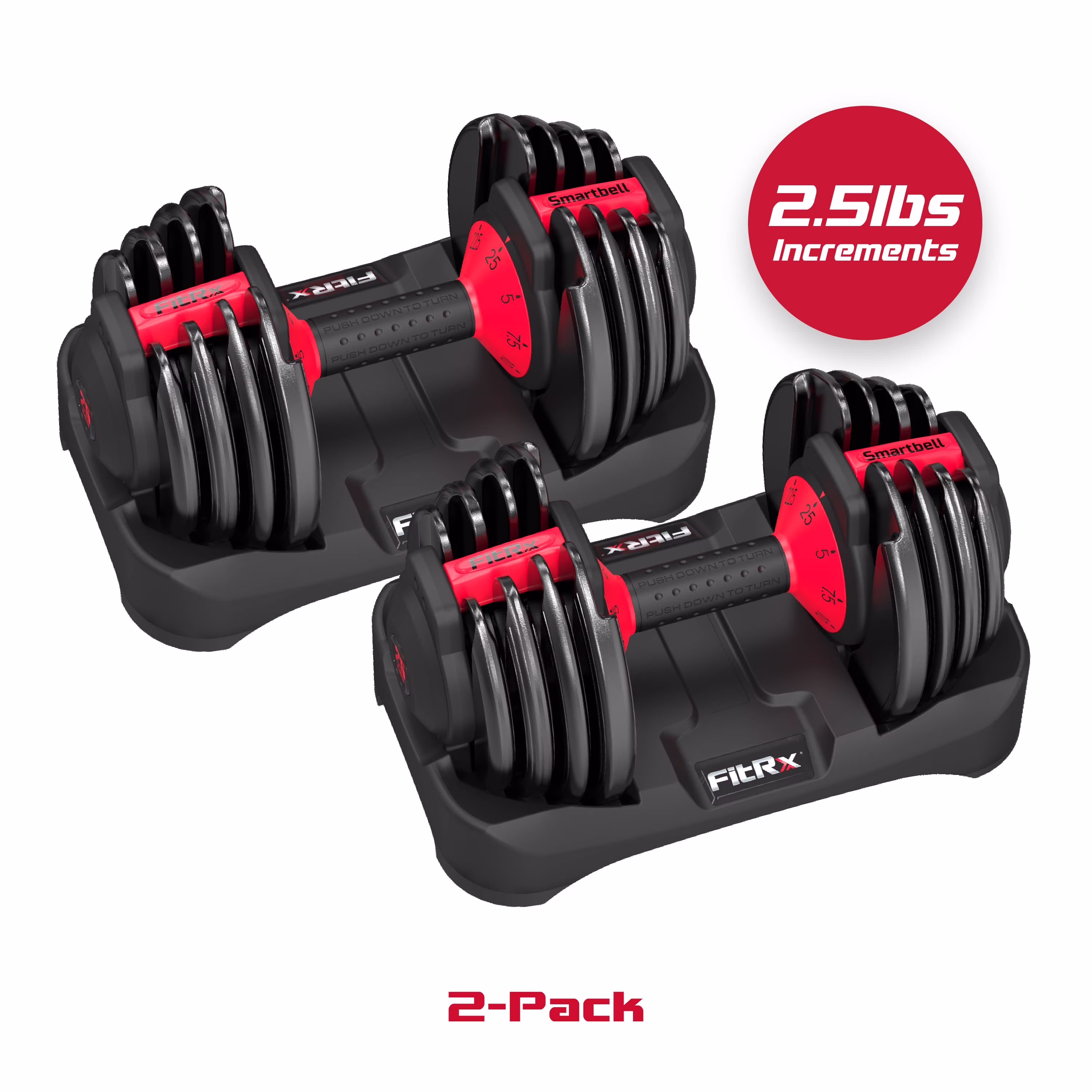 Fitrx Adjustable Dumbbells 2 - Pack, 25 lb Smartbell Dumbbell Set with 9 - in - 1 Quick - Select Weights, 2.5 lb Increments for Home Gym