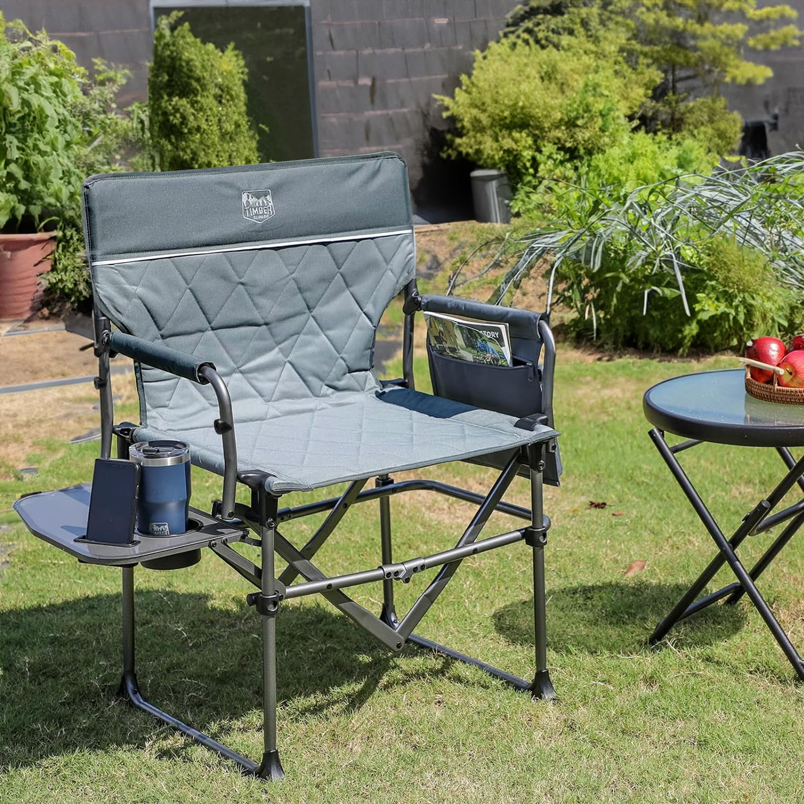 TIMBER RIDGE Portable Director Chair, Heavy Duty Camping Folding Chair with Compact Size with Side Pocket and Side Table, Support 400 lbs, Grey(1/Gray) - Image 5