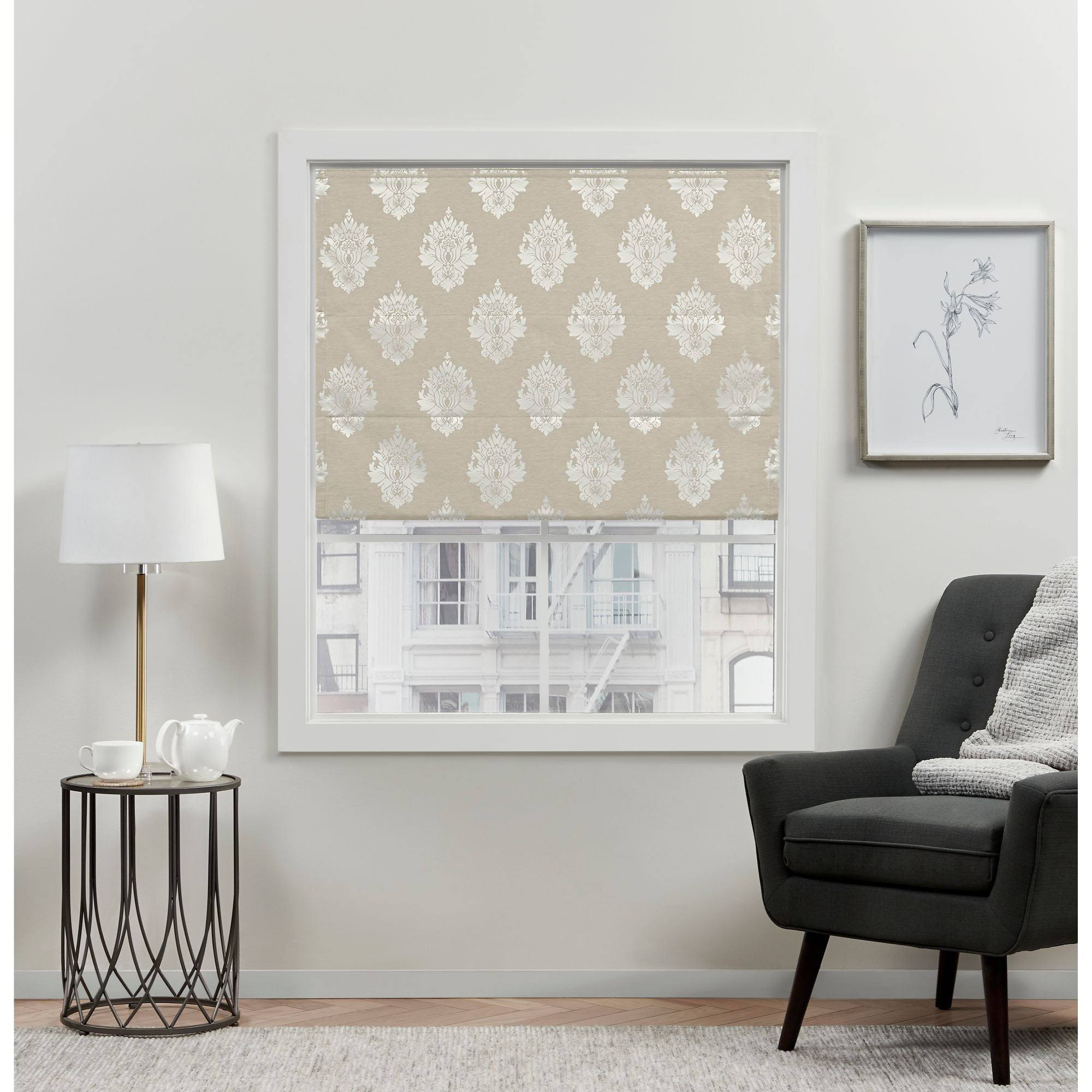 Exclusive Home Curtains Marseilles Damask Blackout Roman Shade, 23 inch x 64 inch, Natural, Beige