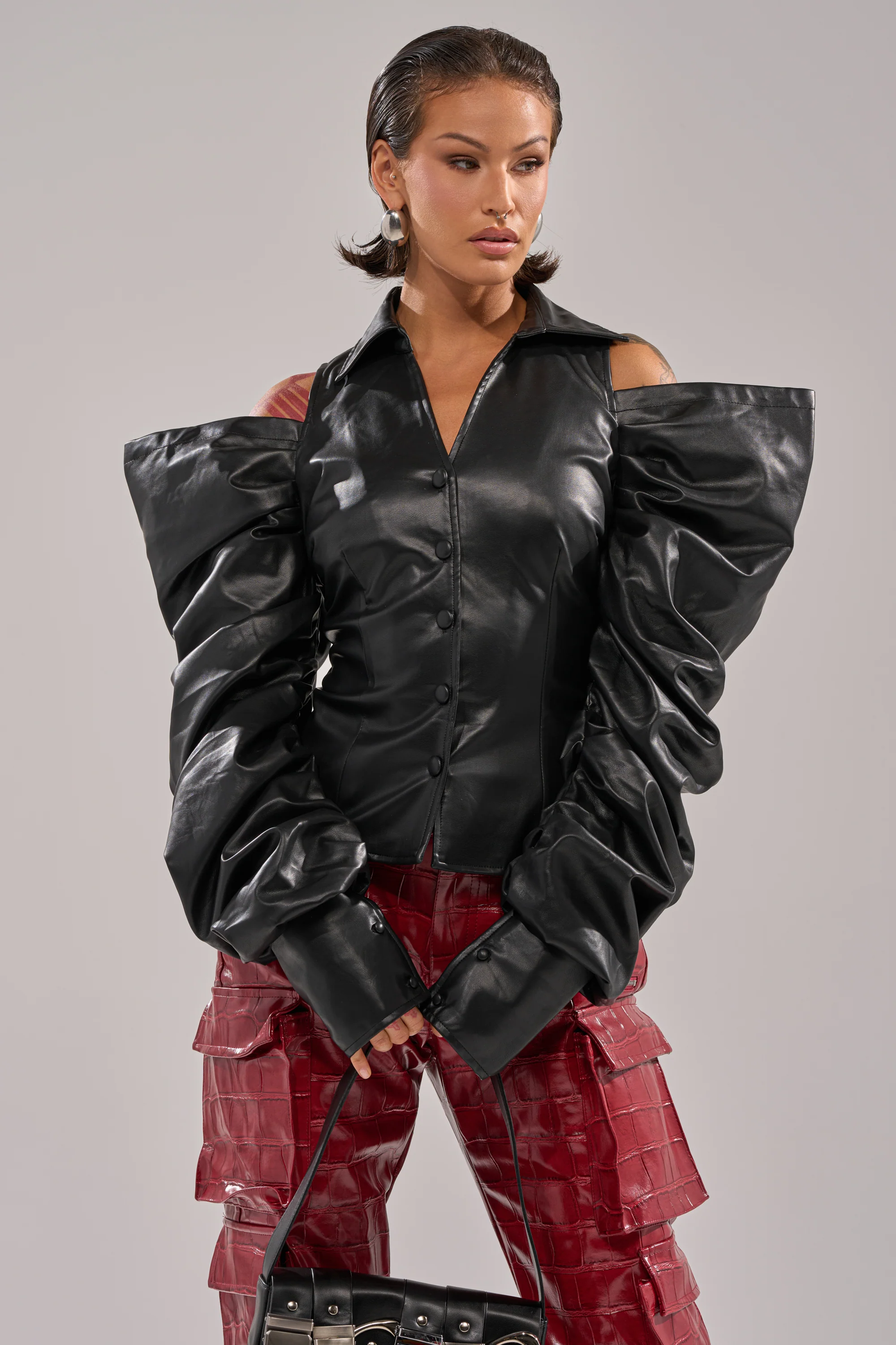 CRAZY IN LOVE BLACK FAUX LEATHER BUTTON DOWN BLOUSE - Akira Store