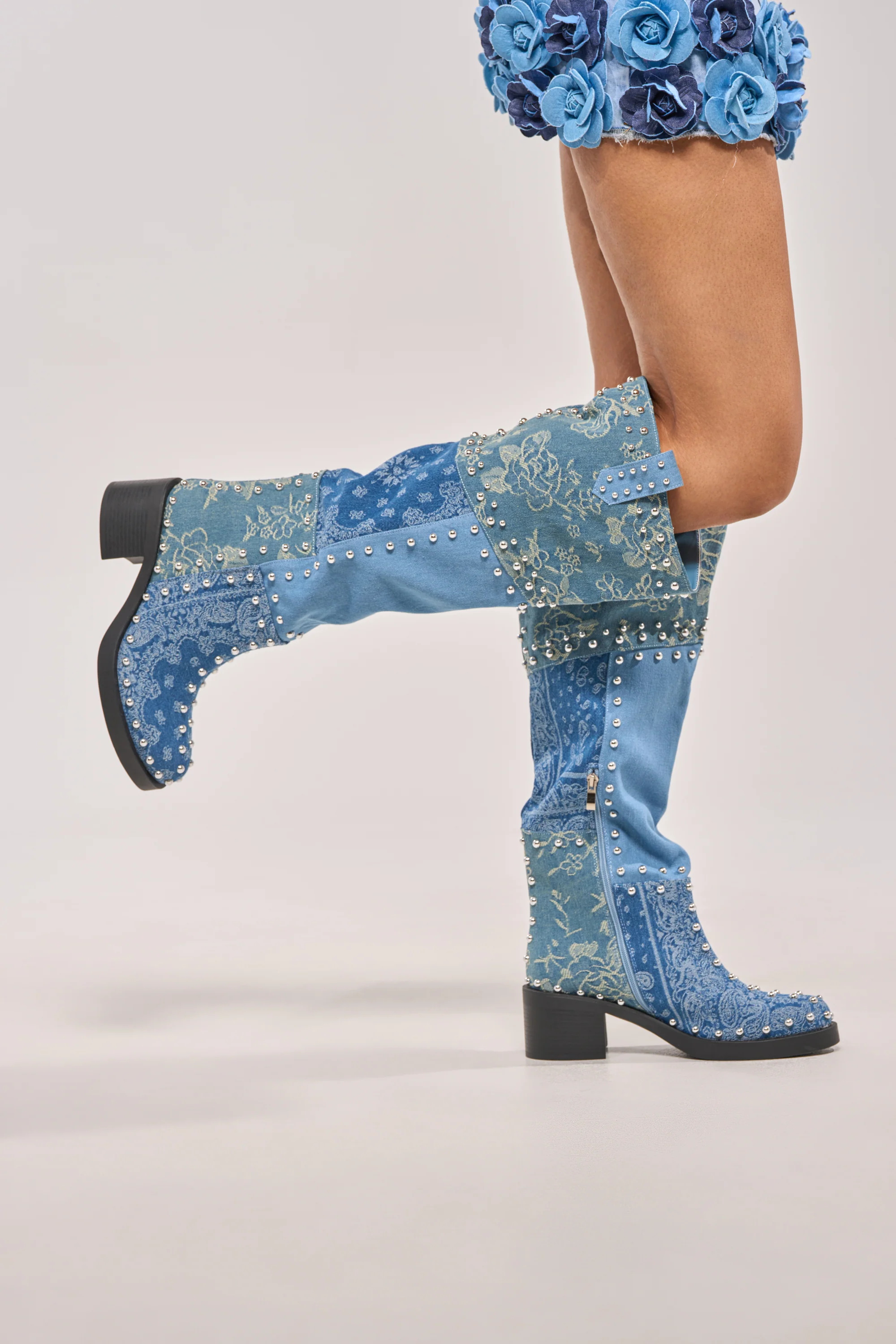AZALEA WANG LUVIENNE DENIM PATCHWORK STUDDED BLOCK BOOT - Akira Store