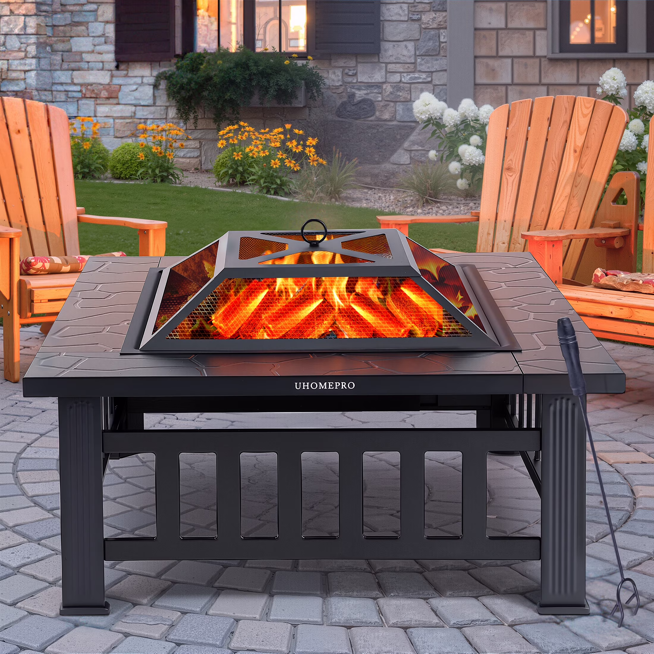 Fire Pits for Outside, 32 Wood Burning Fire Pit Tables with Screen Lid, Poker, BBQ Net, Ice Tray, Food Clip and Cover, Backyard Patio Garden Outdoor Fire Pit/Ice Pit/BBQ Fire Pit, Black