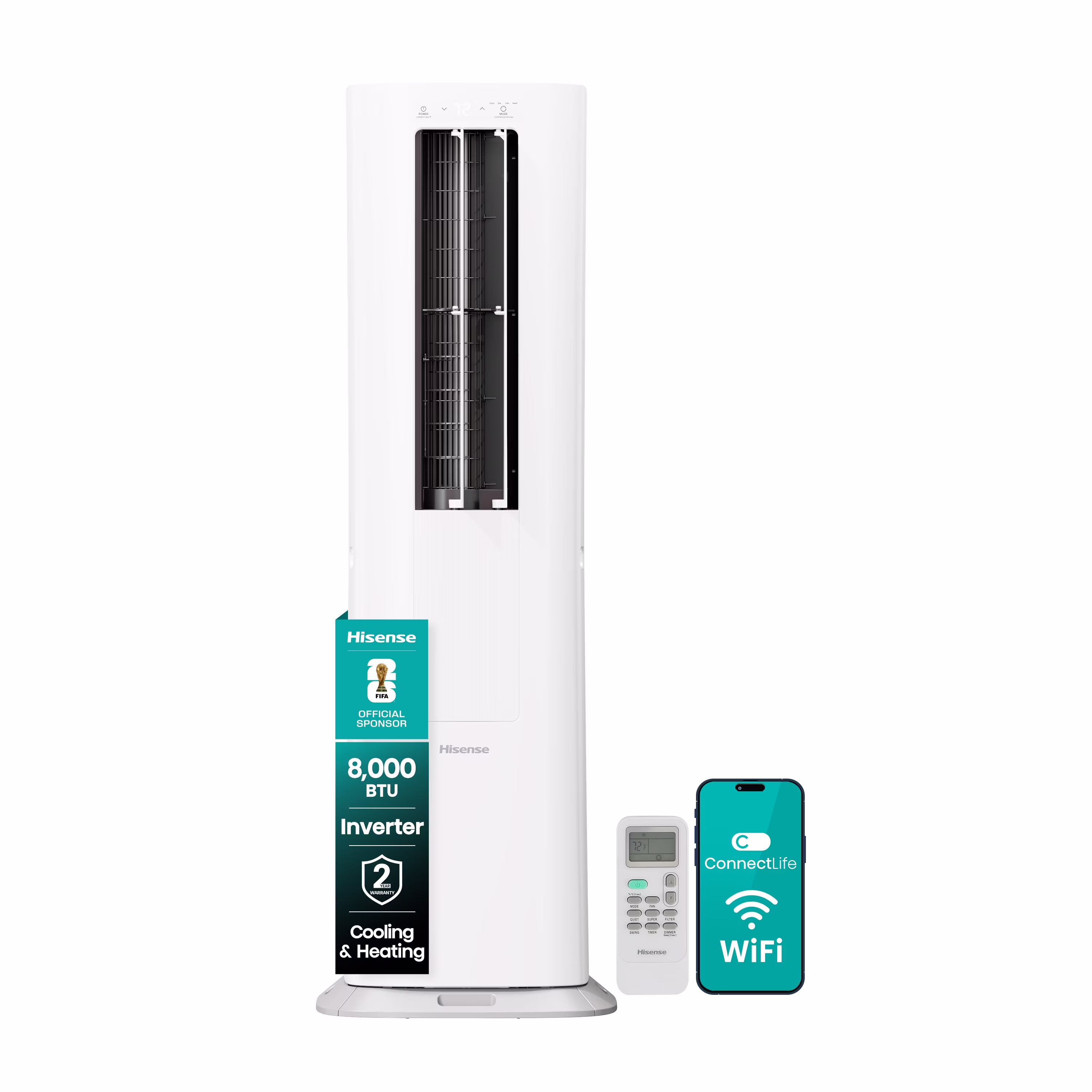 Hisense 8, 000 BTU Portable Air Conditioner 350 Sq Ft. Extended Reach Cooling, Built - in Twin Hoses, Inverter Technology, Self - Evaporation System, All - Season Comfort, Connectlife App (WAPI0825UW1D)