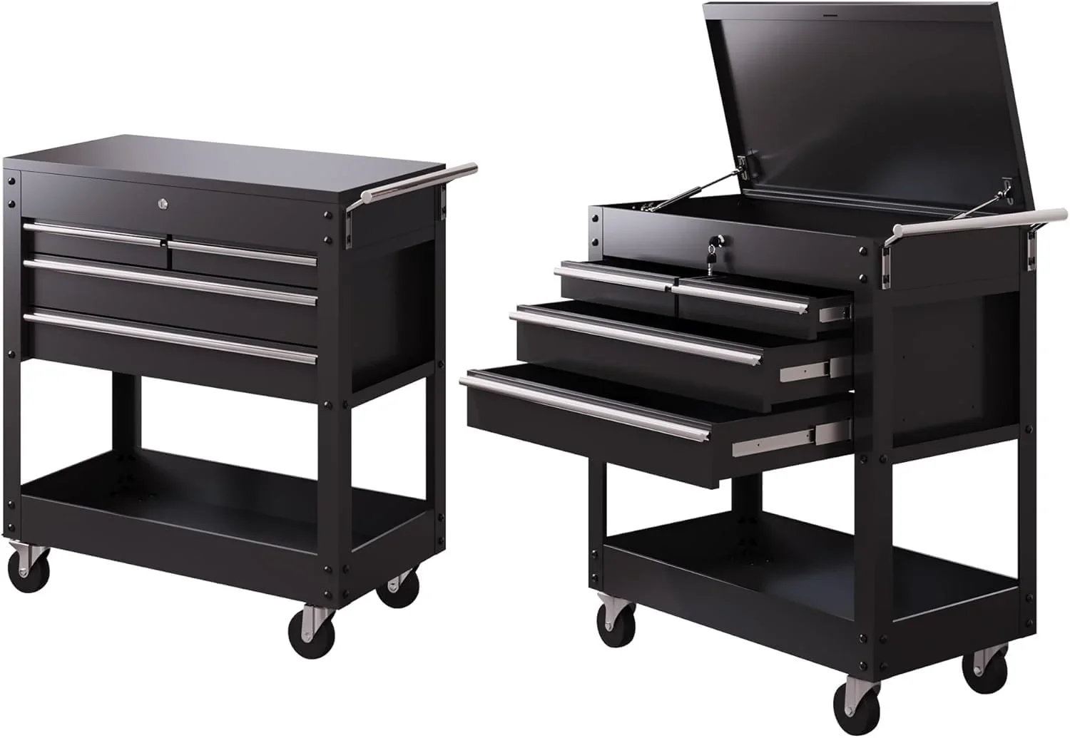 4-Drawer Heavy Duty Tool Cart On Wheels, Locking Rolling Tool Chest with 600+ Lbs Capacity, Powder-Coated Steel, Brake Casters & Multi-Tier Shelves for Garage, Workshop, and Job Site