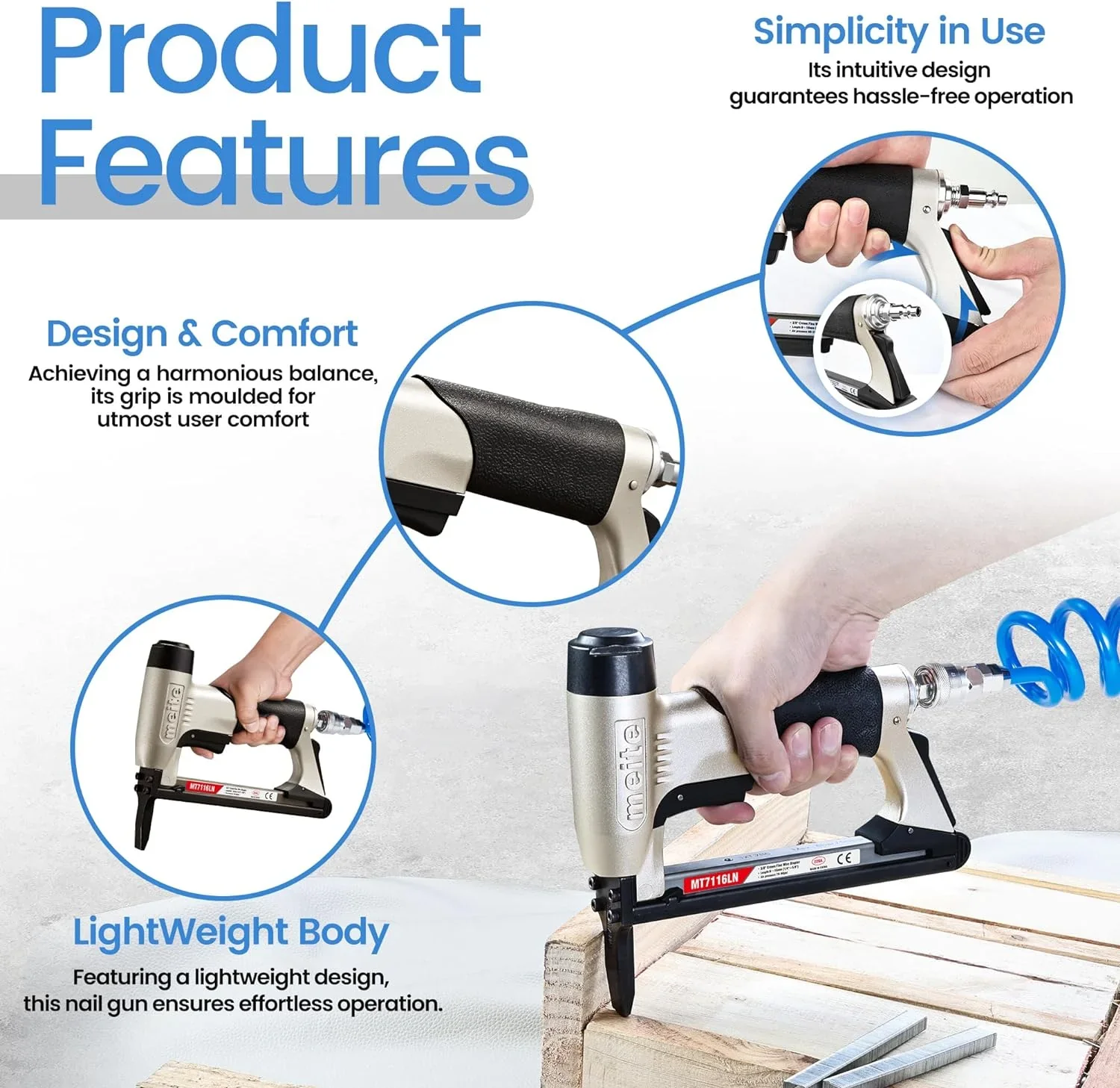 MEITE MT7116LN Pneumatic Staple Gun with Long Nose 22 Gauge 3/8 Crown 1/4 to 5/8 Length 71 Series