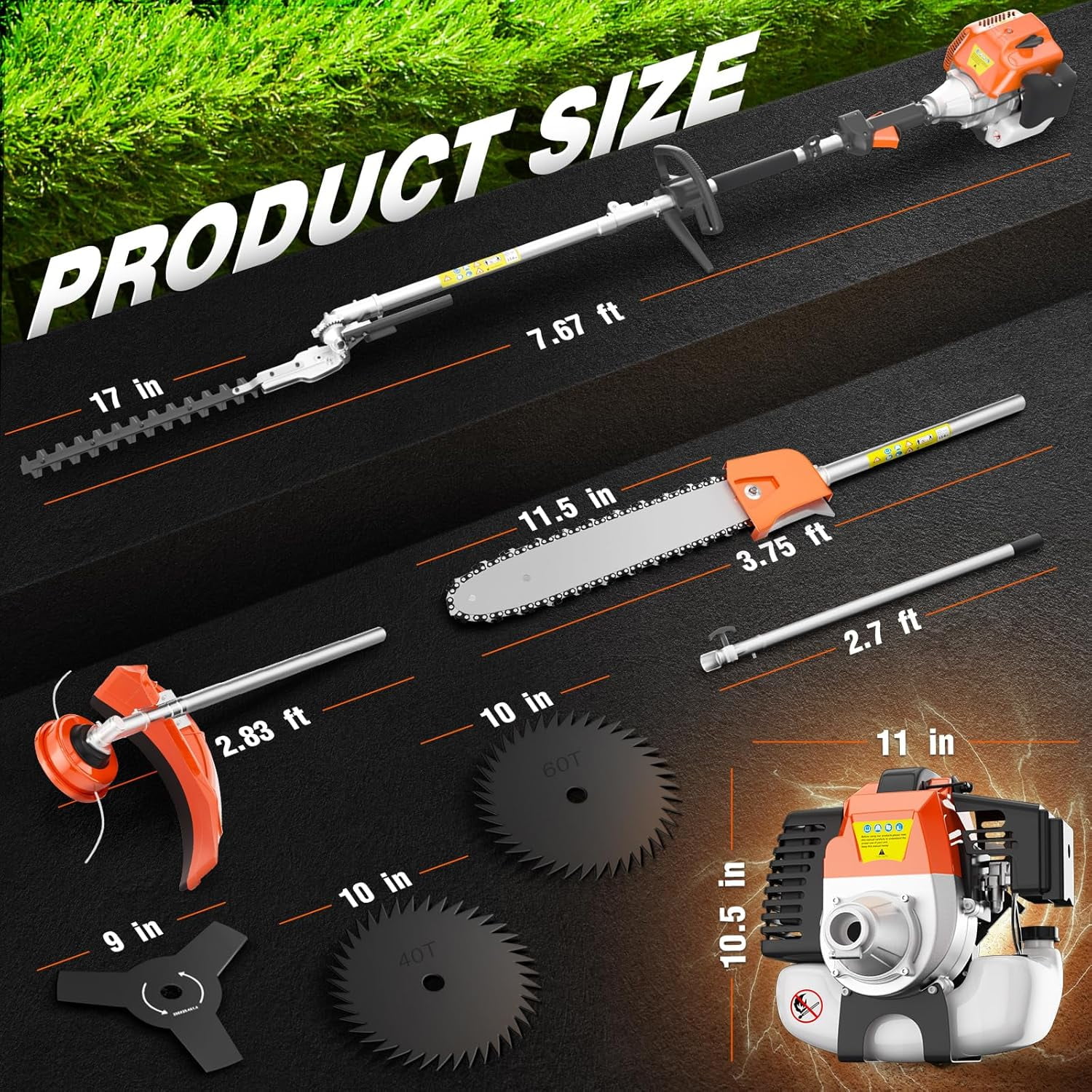 52CC Orange Gas Weed Wacker, 2 Stroke Weed Eater Gas Powered, 6 in 1 Gas Hedge Trimmer, Gas Brush Cutter, Gas String Trimmer, Pole Saw with Extension Pole Image 7
