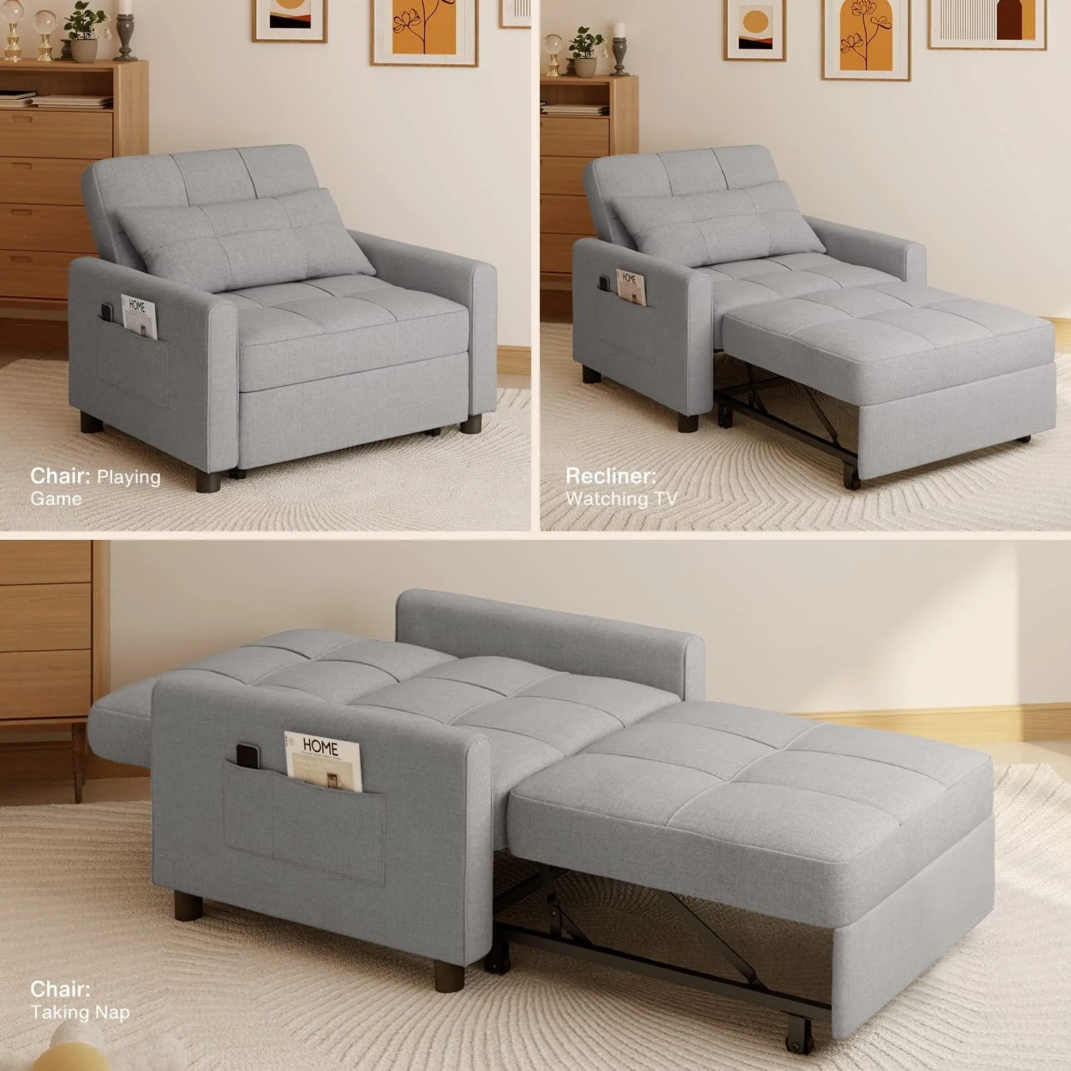 Lofka Chair Bed, Convertible Sofa Bed Couch Recliner Single Bed for Living Room/Office/Bedroom, Light Gray(Dark Gray) Image 5