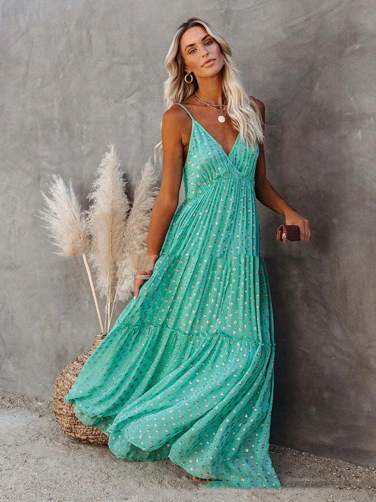 Robe Maxi d'Été Verte Style Bohème Chic