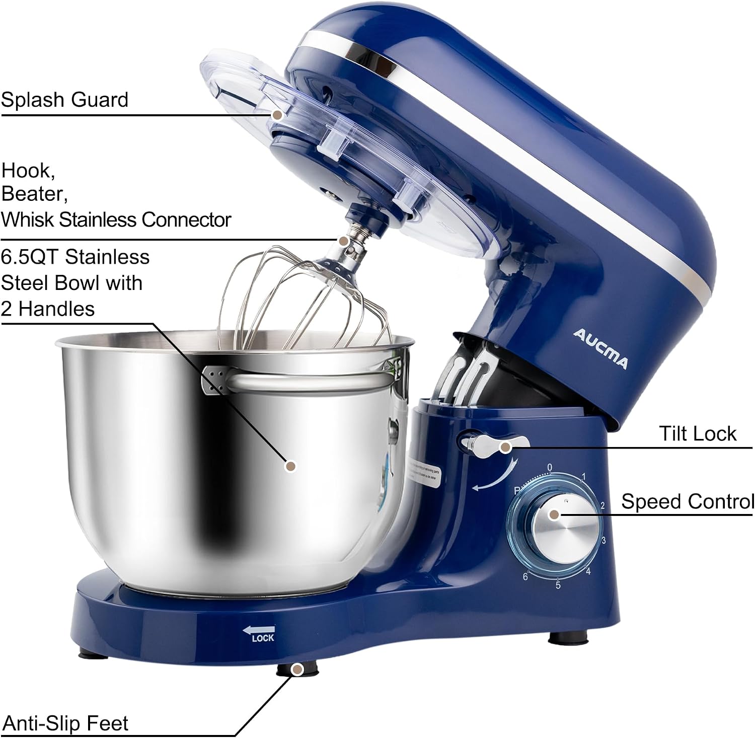Aucma Stand Mixer, 6.5-QT 660W 6-Speed Tilt-Head Food Mixer, Kitchen Electric Mixer with Dough Hook, Wire Whip & Beater (Royal Blue, 6.5QT)