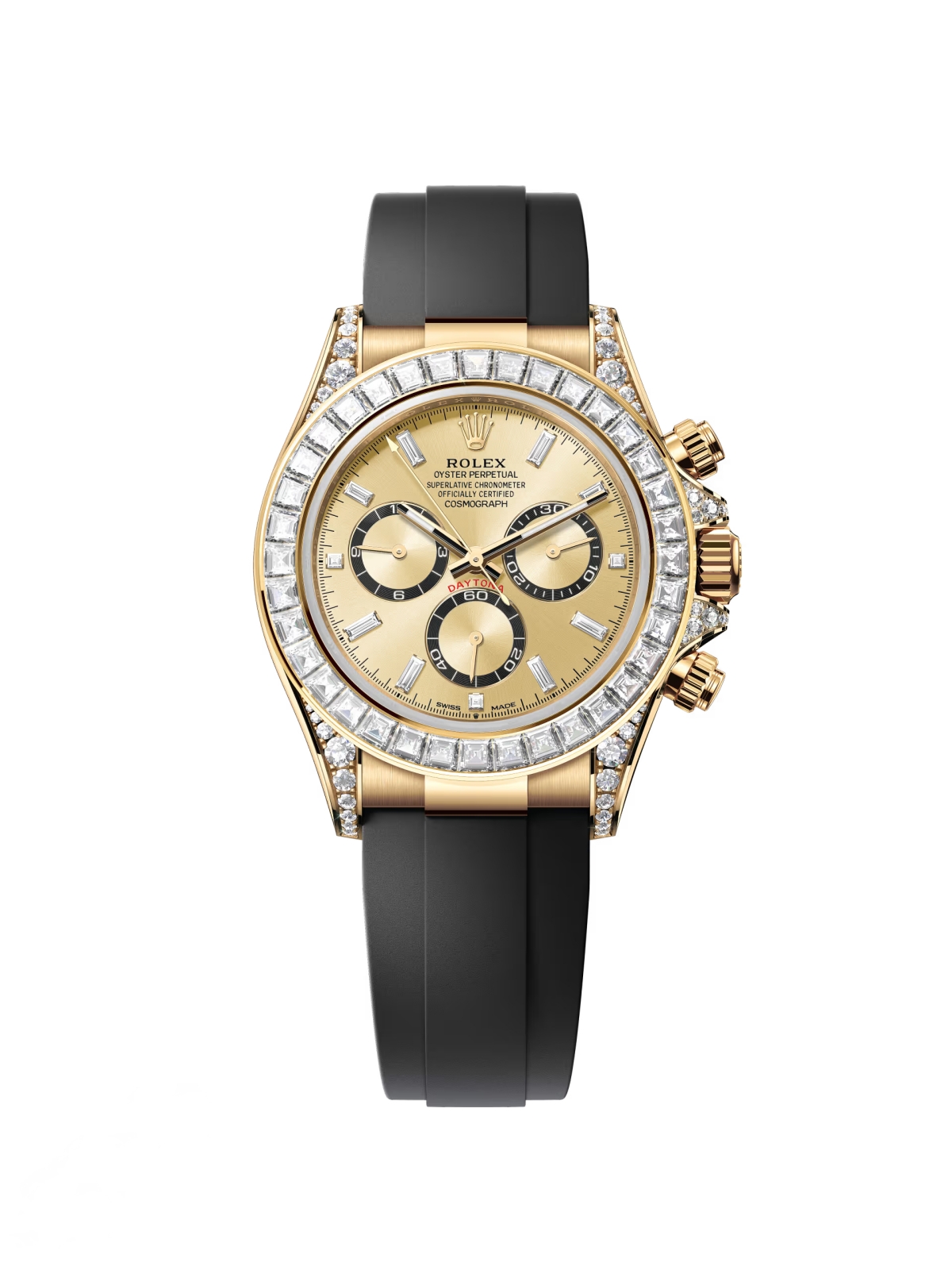[Super Clone]Rolex Cosmograph Daytona 40mm Yellow Gold Diamond Baguette Champagne Dial Diamond Bezel Oysterflex - 126538TBR