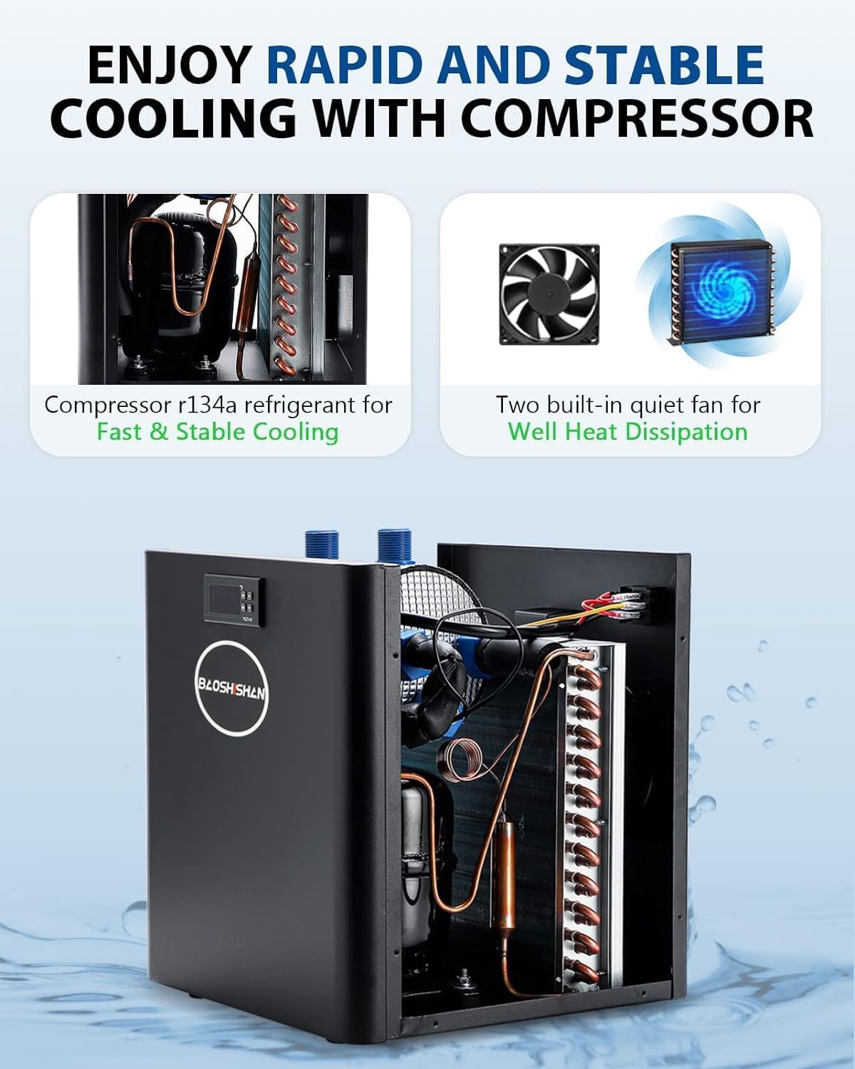 Refroidisseur d'aquarium 2025 42 gal 1/10 HP, refroidisseur d'eau, refroidisseur pour aquarium, conception spéciale silencieuse, compresseur de réfrigération pour hydroponie, plantes aquatiques, méduses, coraux, crevettes cristallines (42 gal/160 L)