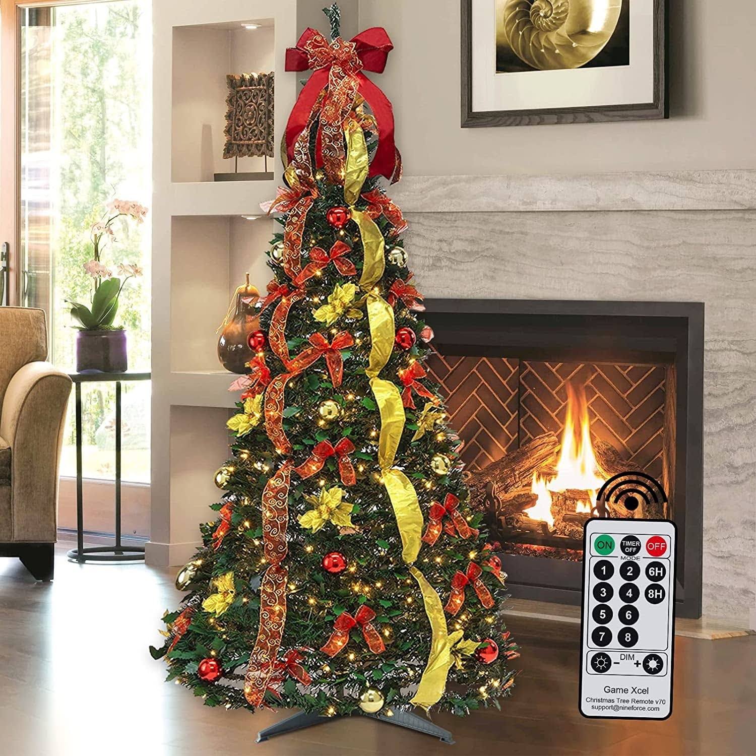 Pop Up Christmas Tree with Remote, 6ft Pull Up Christmas Tree with Lights Pre-Lit 200led Warm Lights, Artificial Xmas Trees Decorated Holiday Party