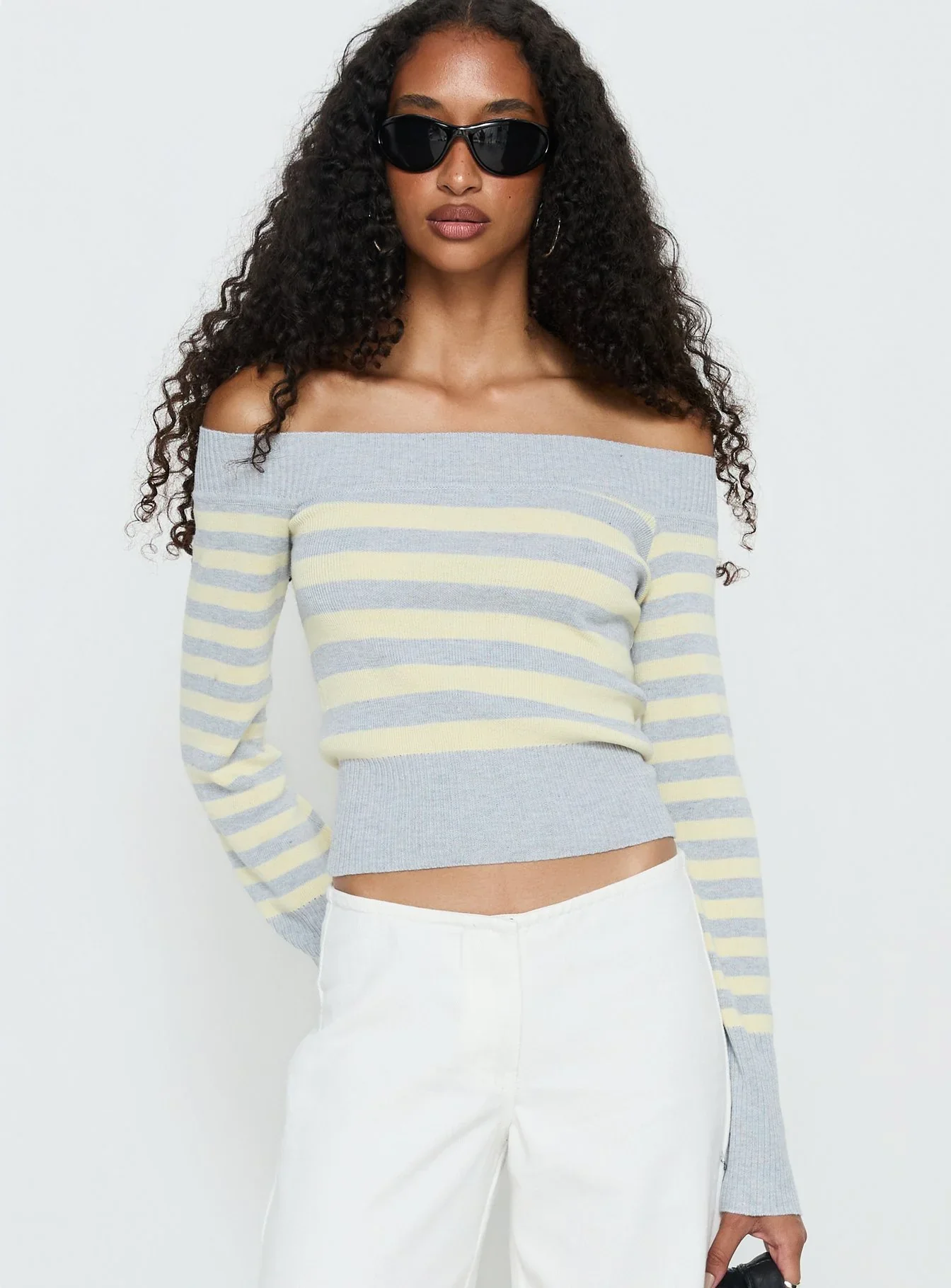 Perrey Long Sleeve Off Shoulder Top Knit Yellow / Grey Stripe