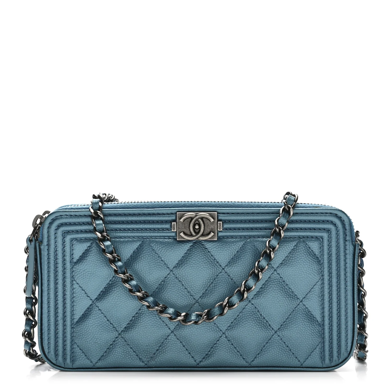 Metallic Caviar Quilted Small Boy Clutch With Chain Turquoise