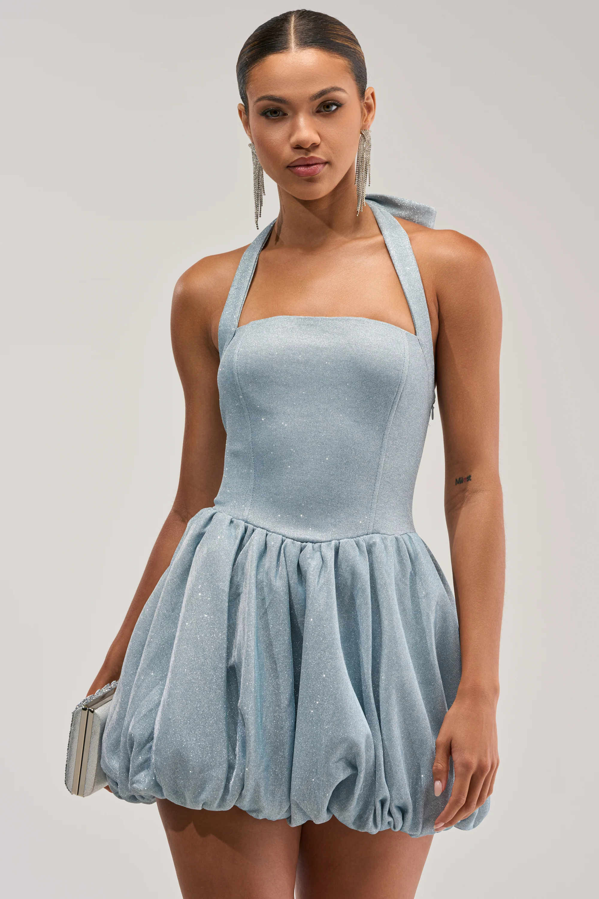 GLISTEN UP SHIMMER HALTER MINI DRESS - Akira Store