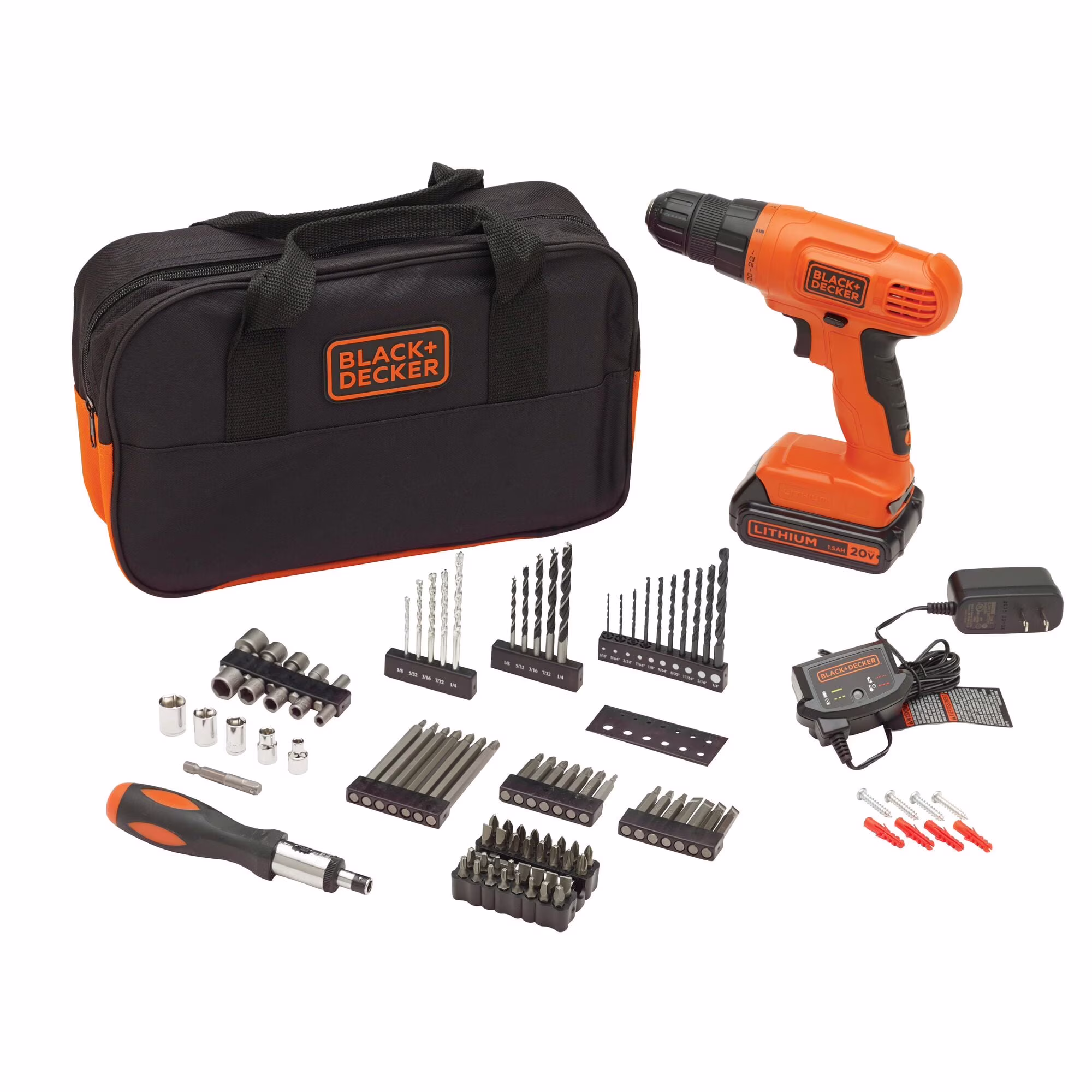 BLACK+DECKER 20V Cordless Drill, 1.5 Amps, 100 Piece Set, Battery and Charger Included