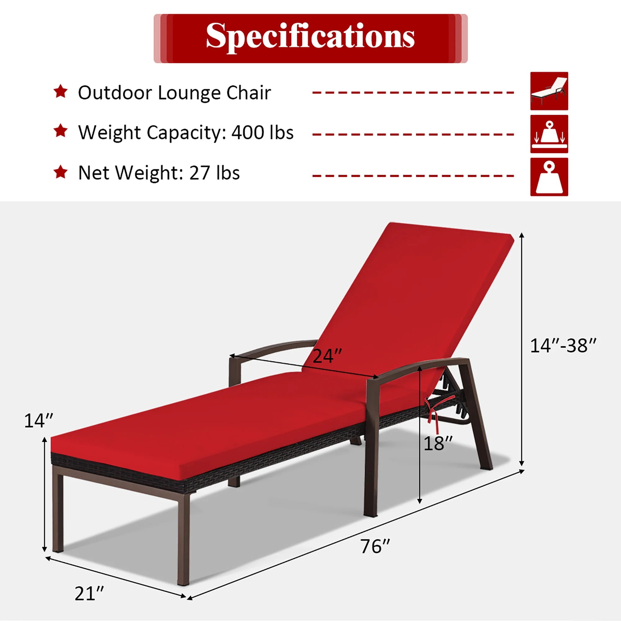 2PCS Patio Rattan Lounge Chair Chaise Recliner Back Adjustable Cushioned Red(Red) - Image 4
