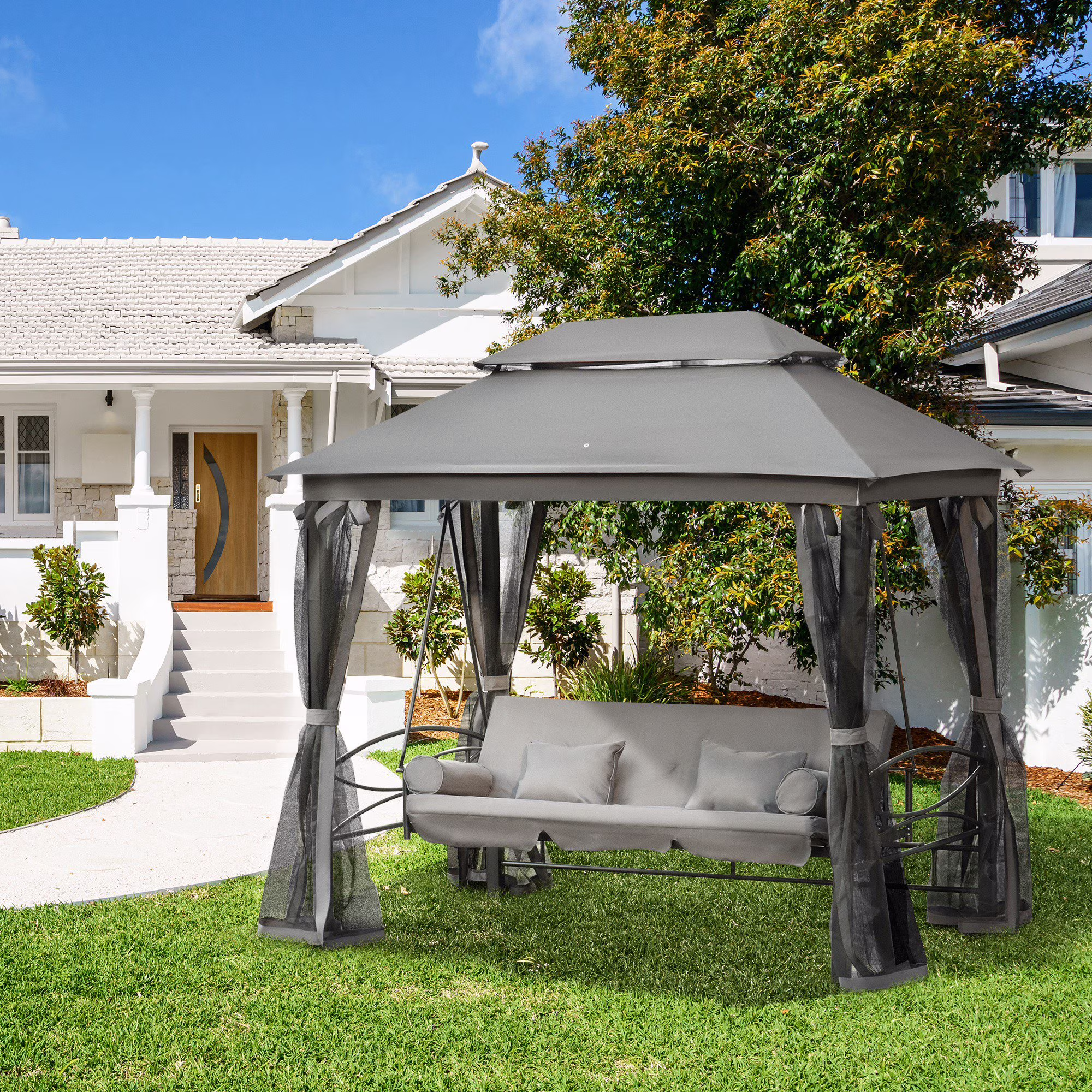 3 Person Patio Swing Chair, Gazebo Swing with Double Tier Canopy, Cushioned Seat, Mesh Sidewalls, gray(Gray)
