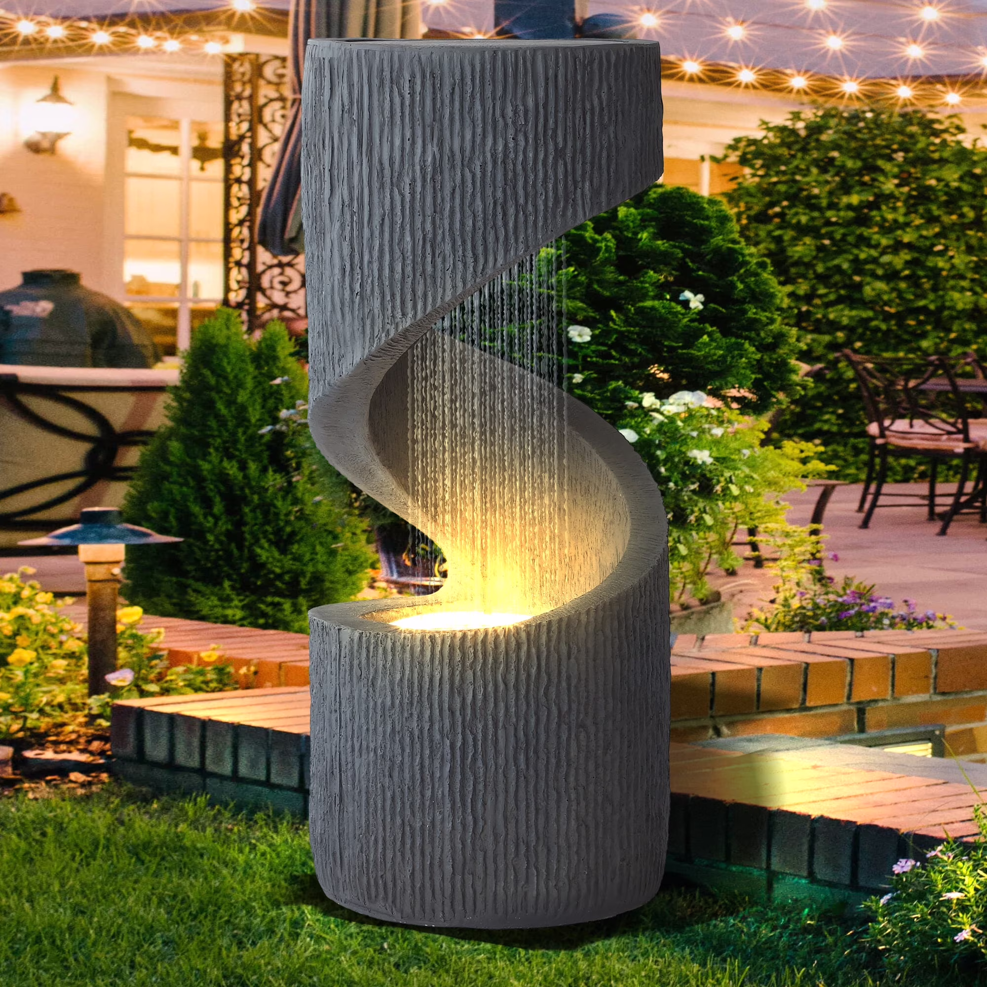 Magic Union Outdoor S - Shaped Water Fountain, Spiral Waterfall Indoor Fountain Outside Garden Decor with LED Lights & Pump, Curved Patio Resin Fountains for Yard, Deck, Porch and Home Decorations