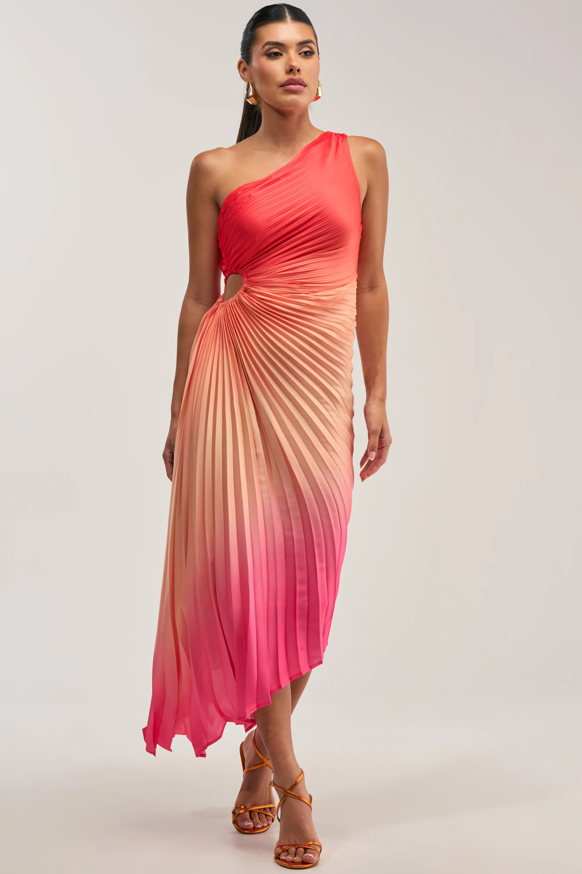 WILD CARD ONE SHOULDER OMBRE MIDI DRESS IN PINK - Akira Store